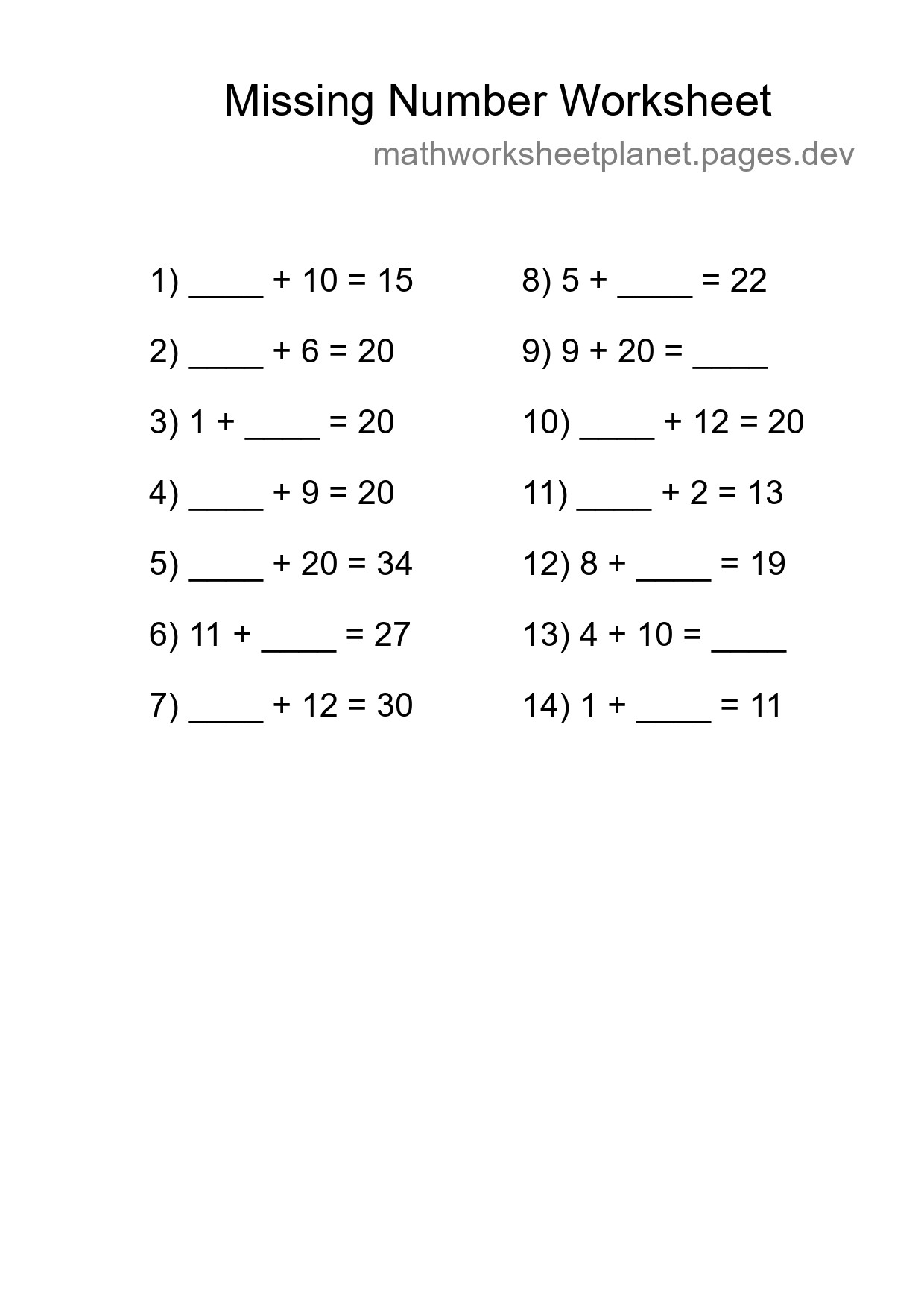 Missing Number Math Worksheet