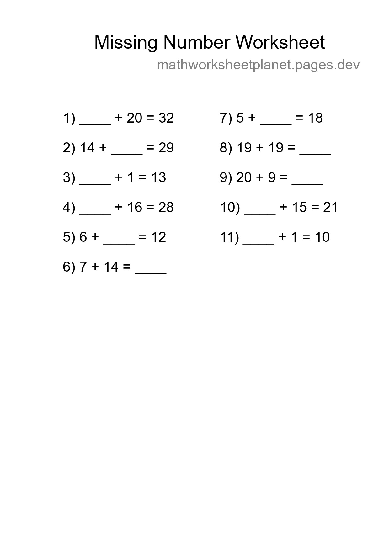 Missing Number Math Worksheet