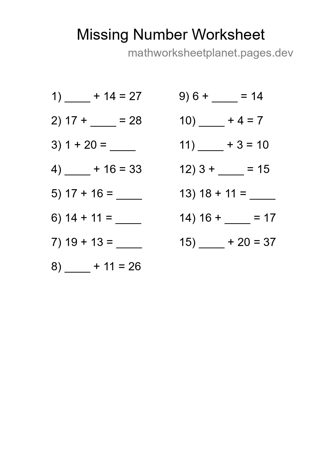 Missing Number Math Worksheet