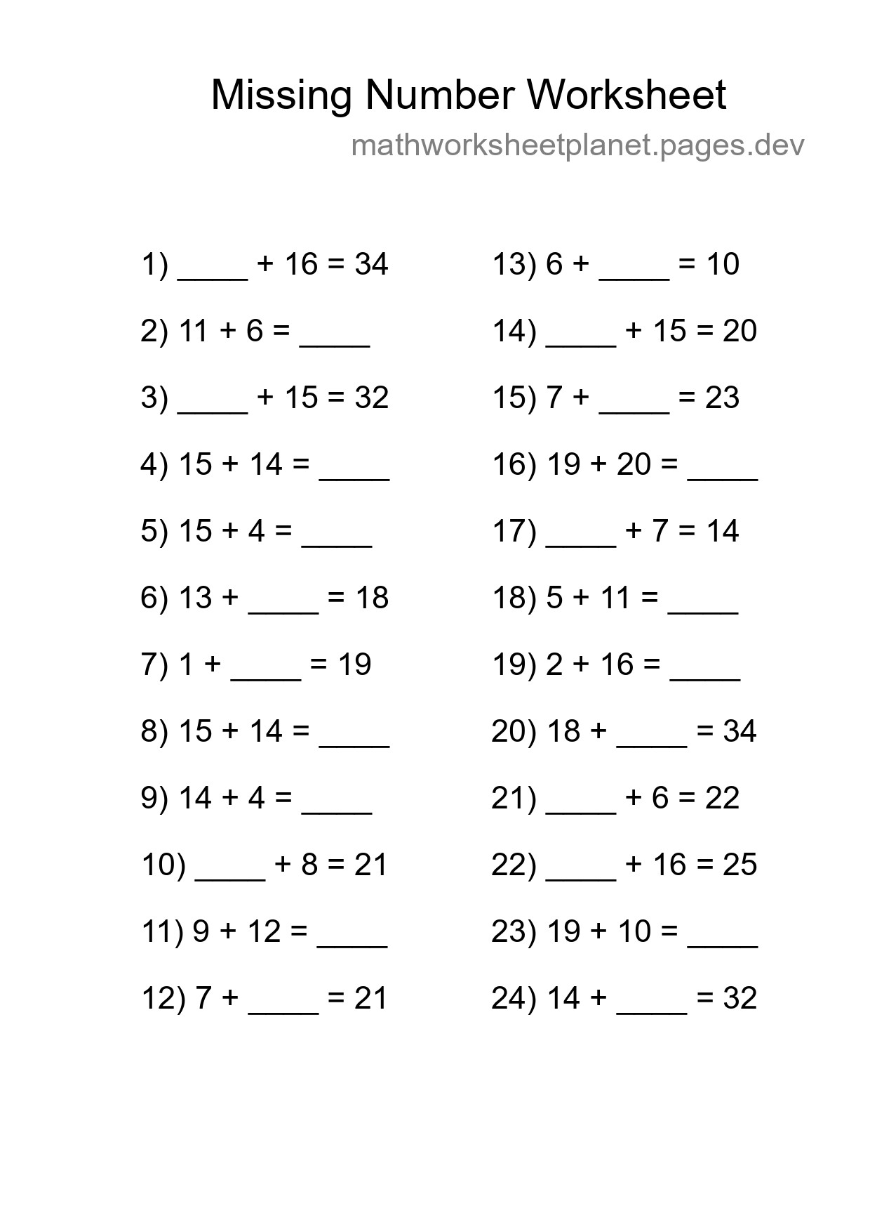 Missing Number Math Worksheet
