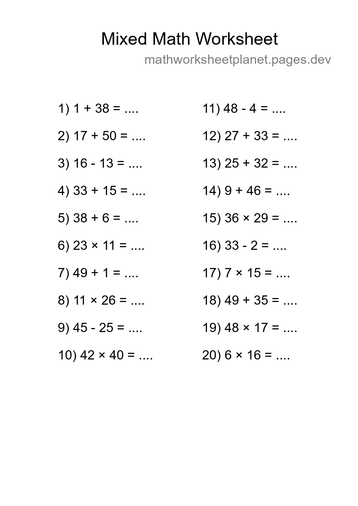 Mixed Operations Math Worksheet