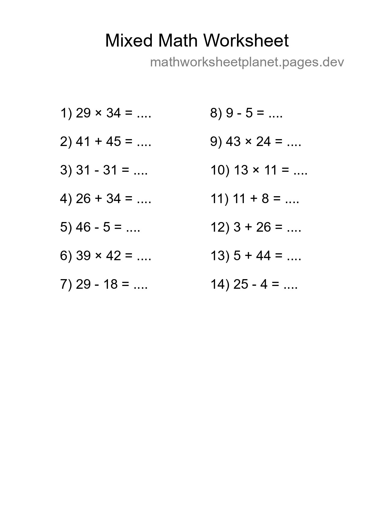 Mixed Operations Math Worksheet