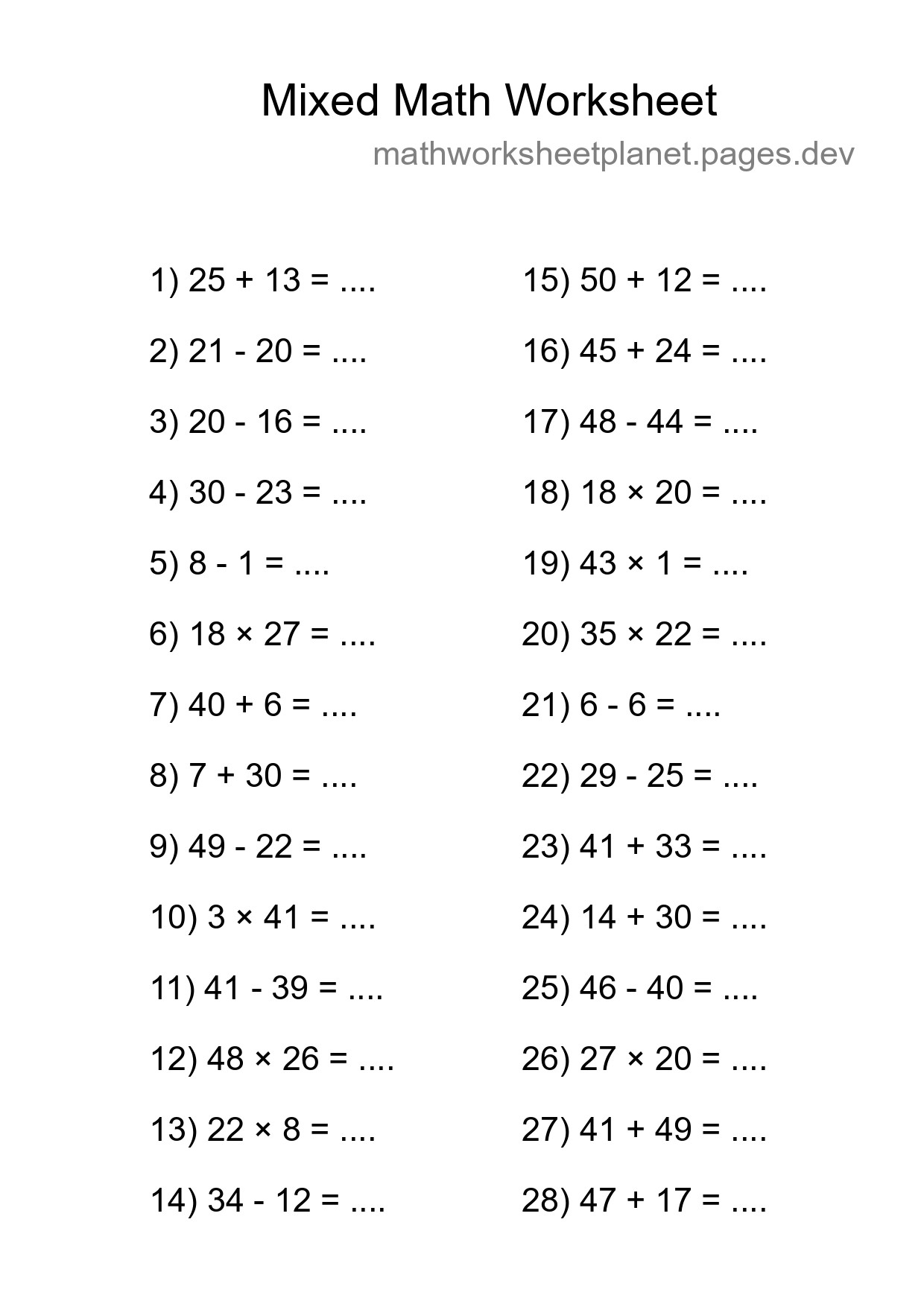 Mixed Operations Math Worksheet