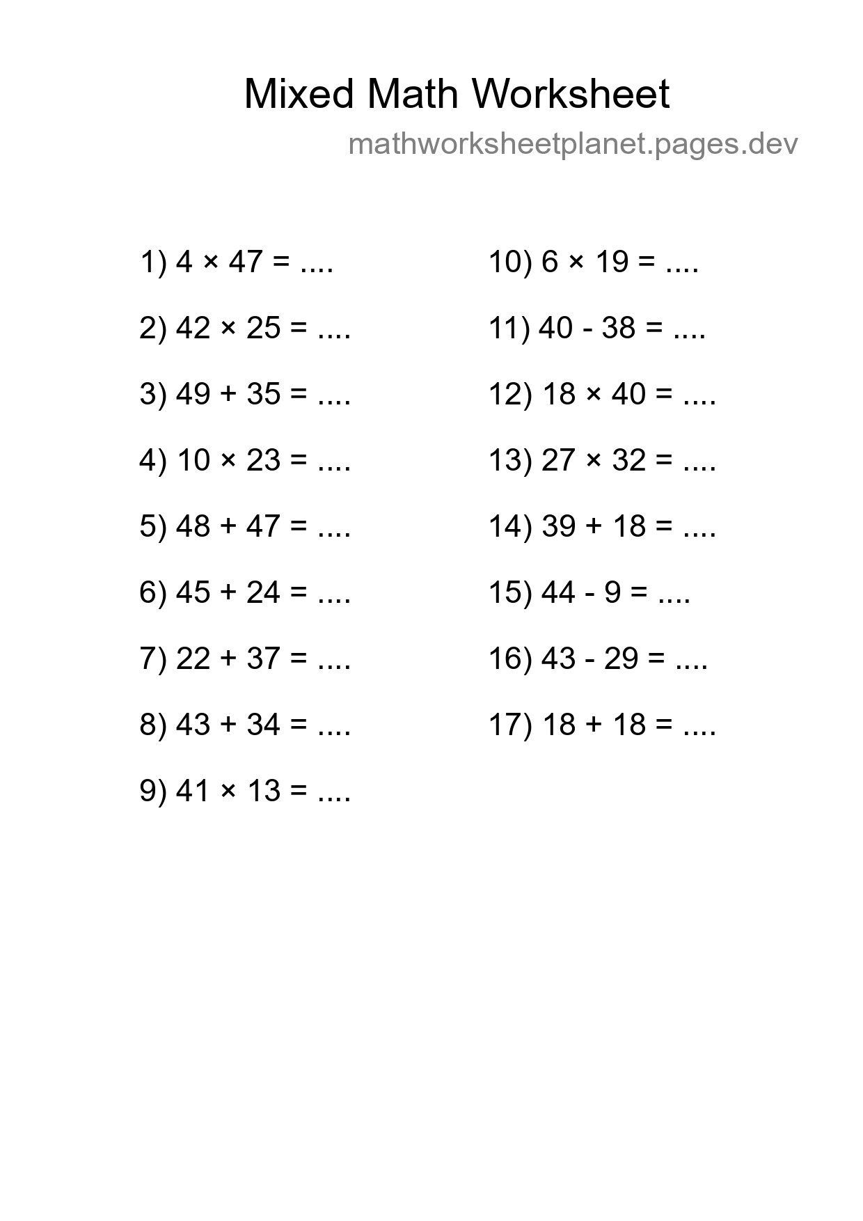 Mixed Operations Math Worksheet