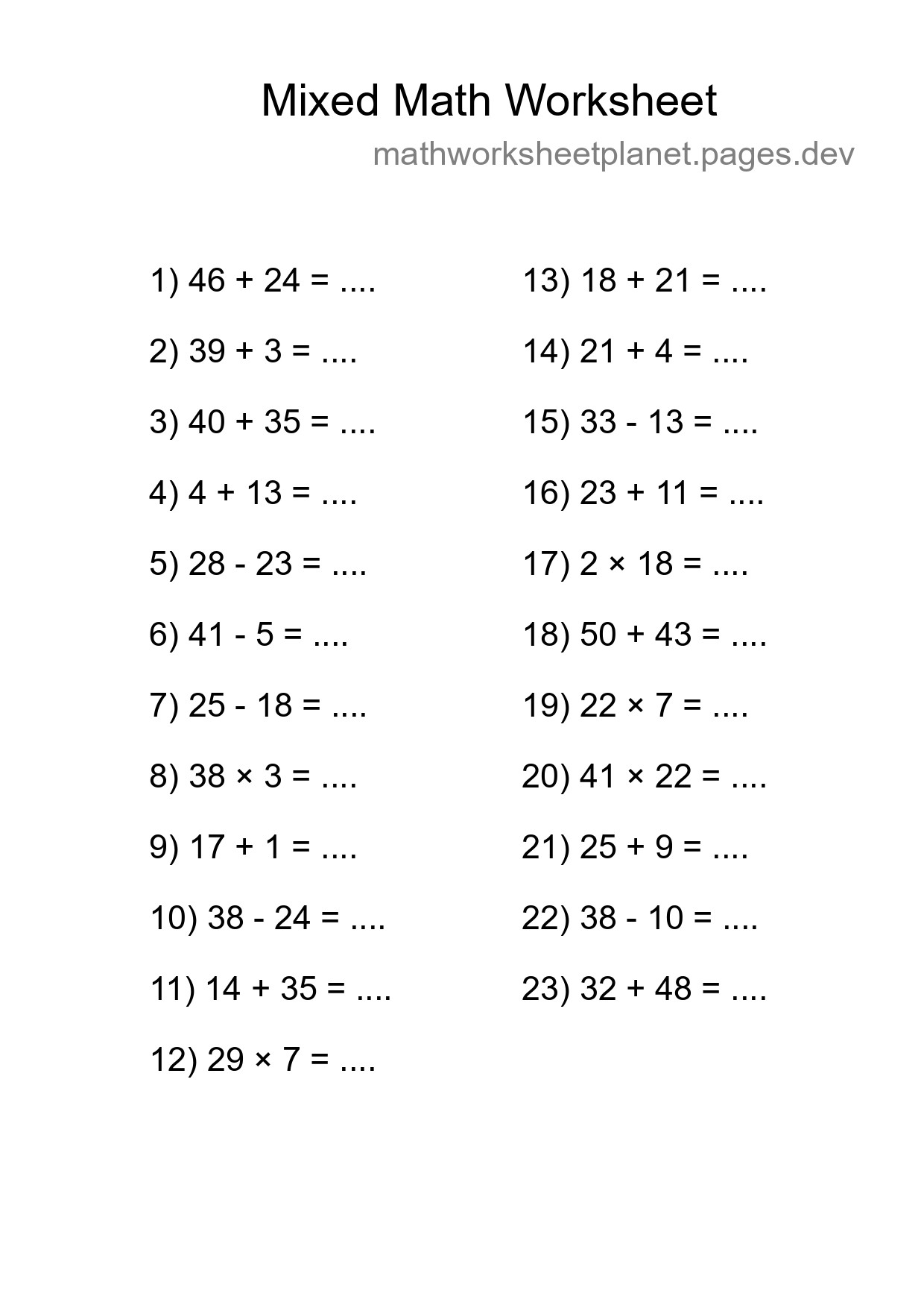 Mixed Operations Math Worksheet