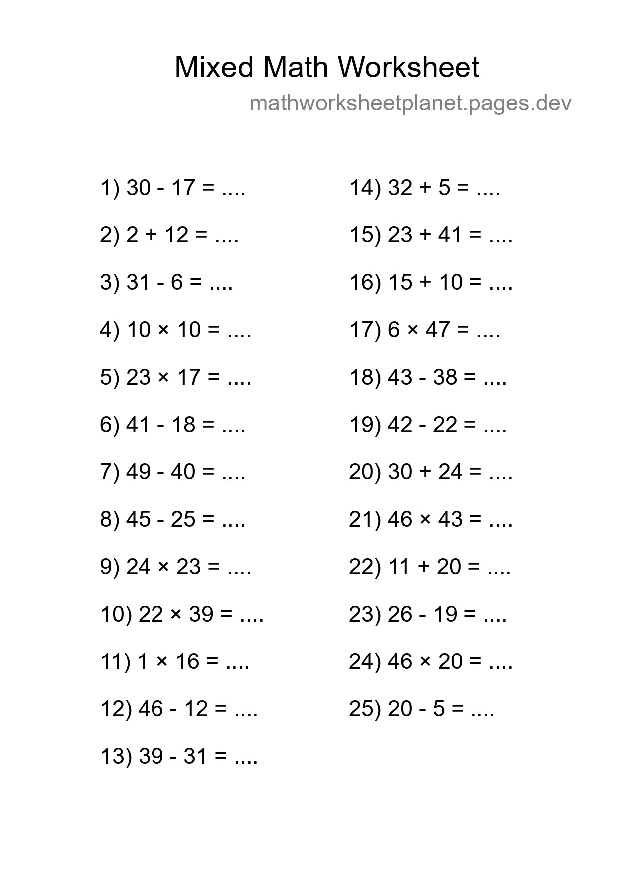 Mixed Operations Math Worksheet