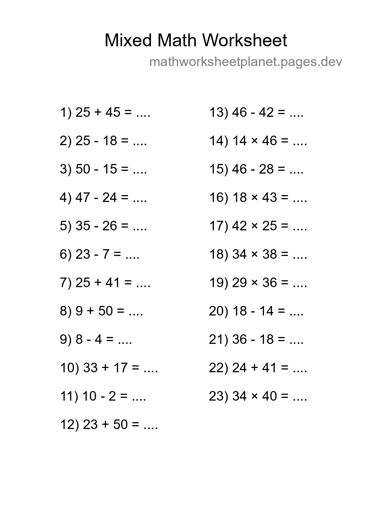 Mixed Operations Math Worksheet