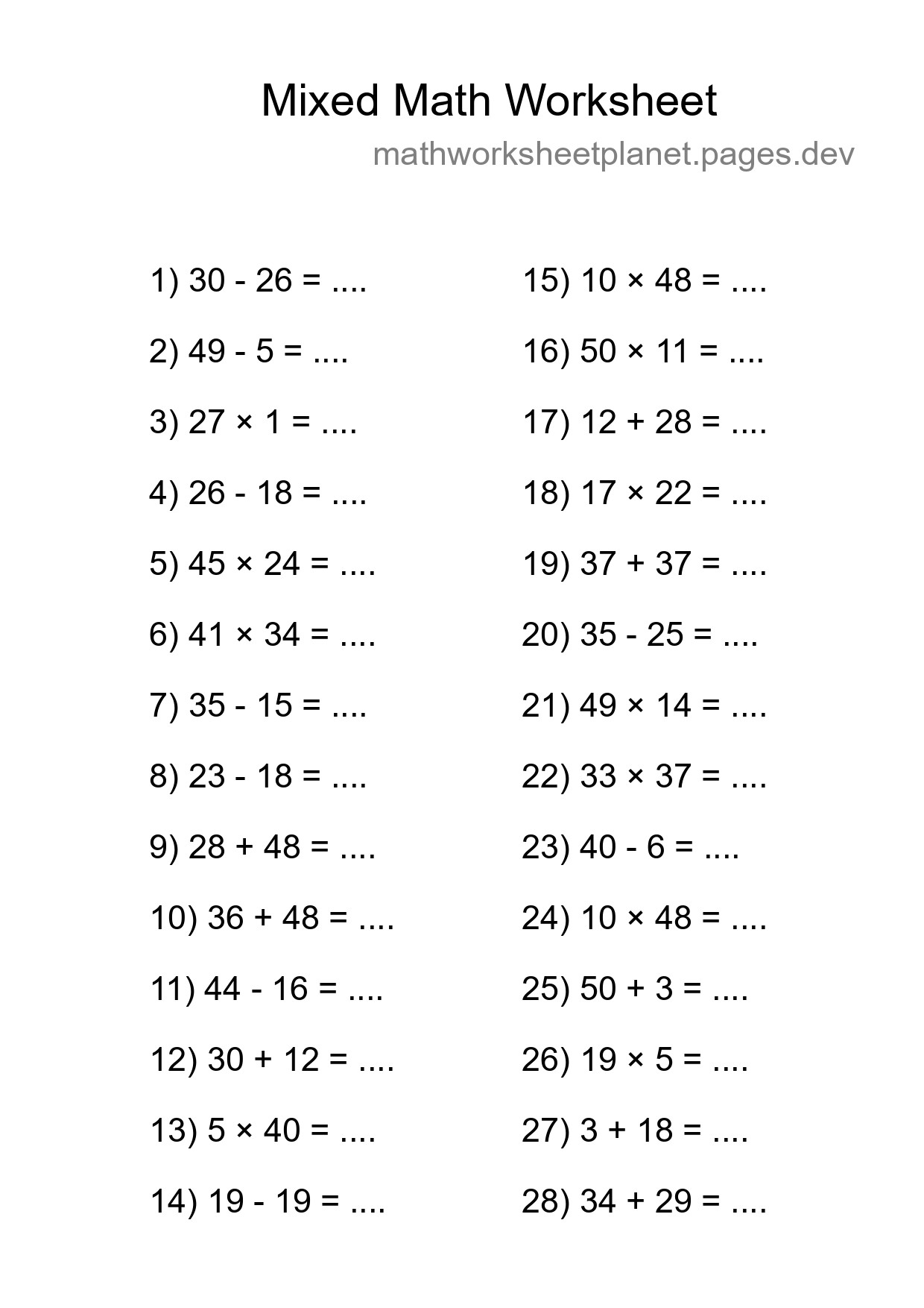 Mixed Operations Math Worksheet