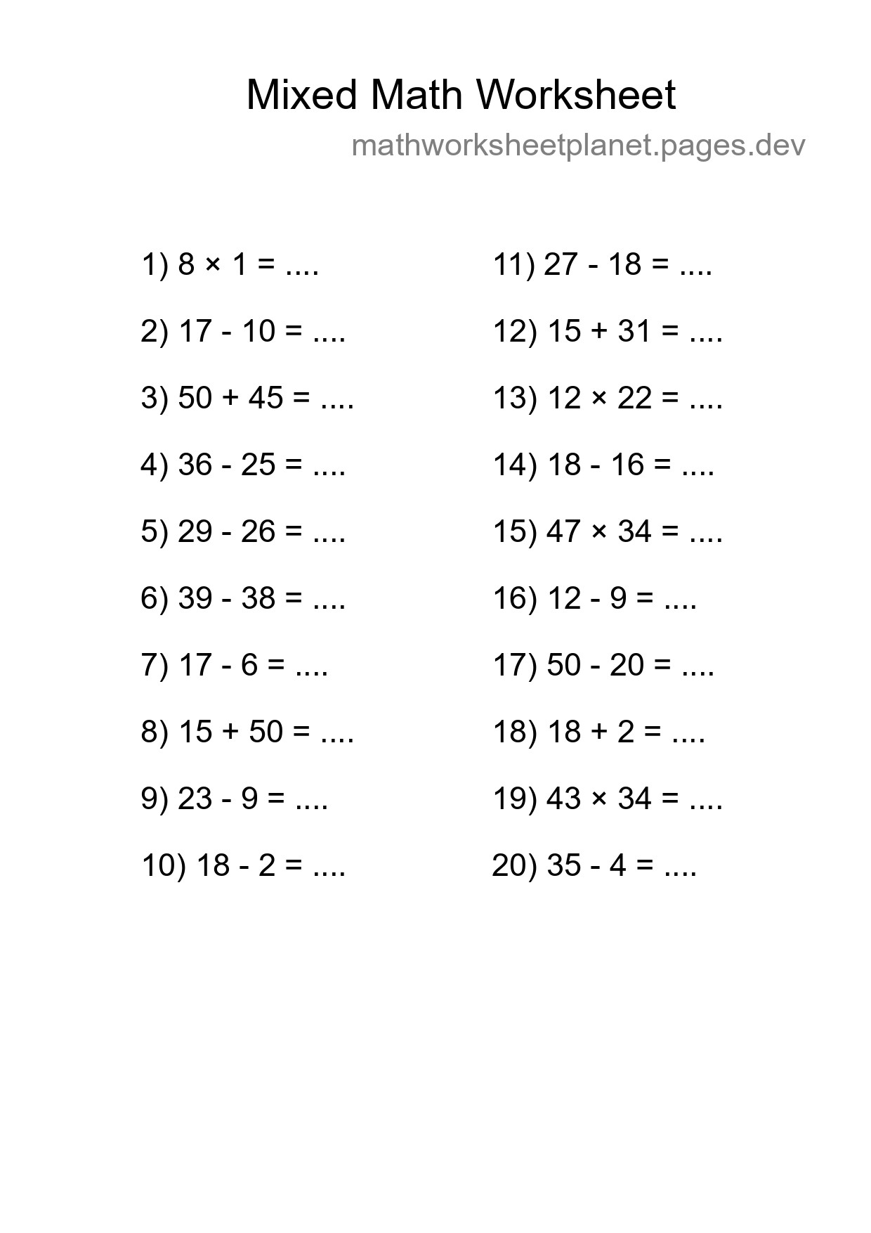 Mixed Operations Math Worksheet