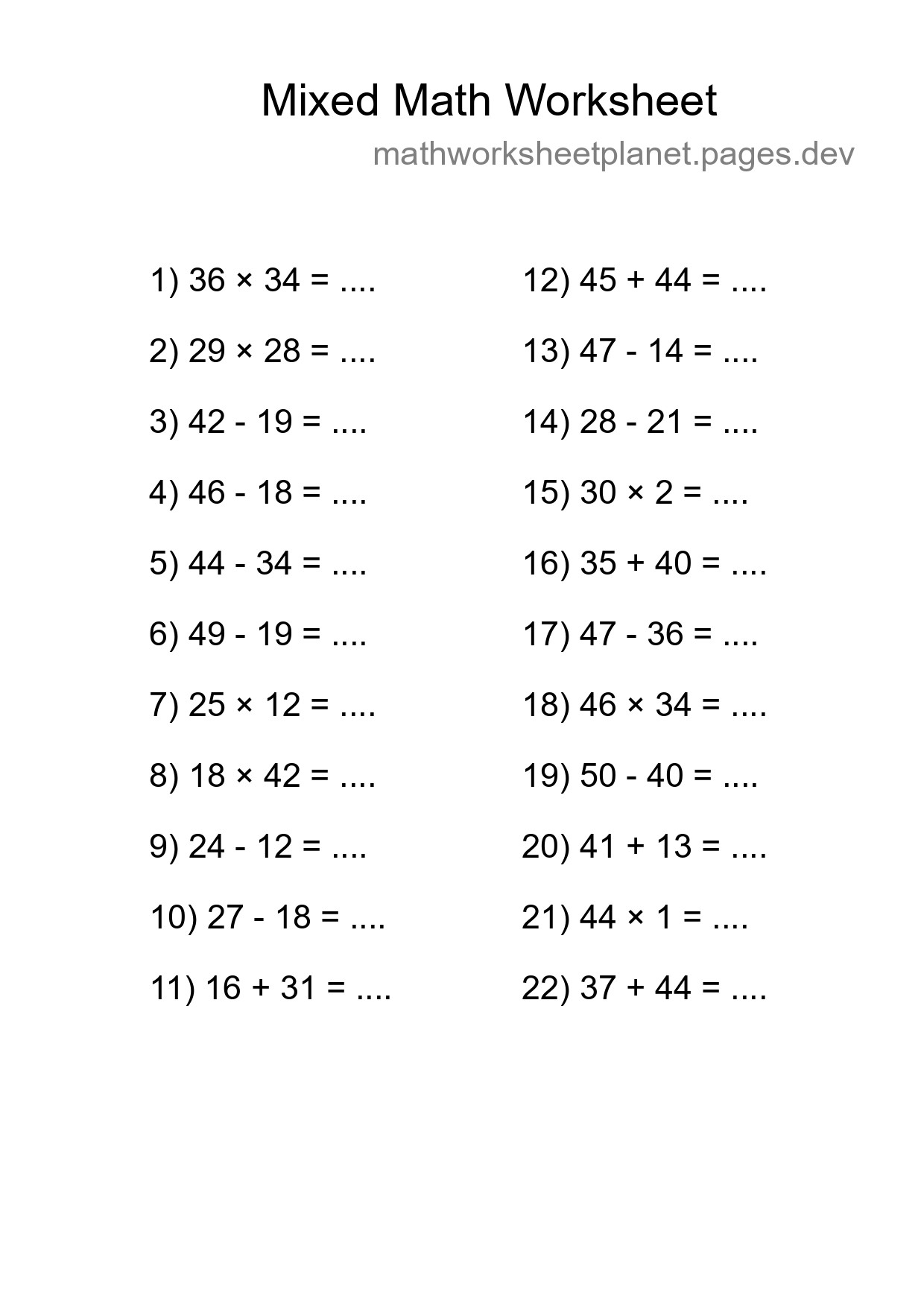 Mixed Operations Math Worksheet