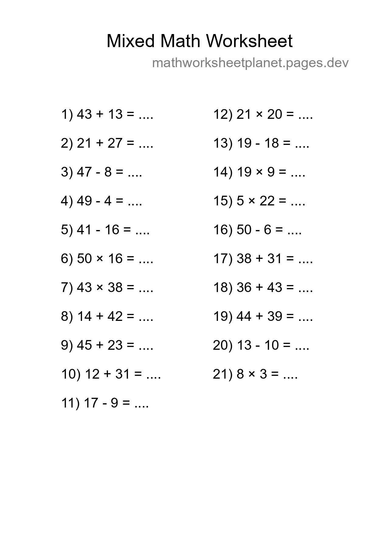 Mixed Operations Math Worksheet