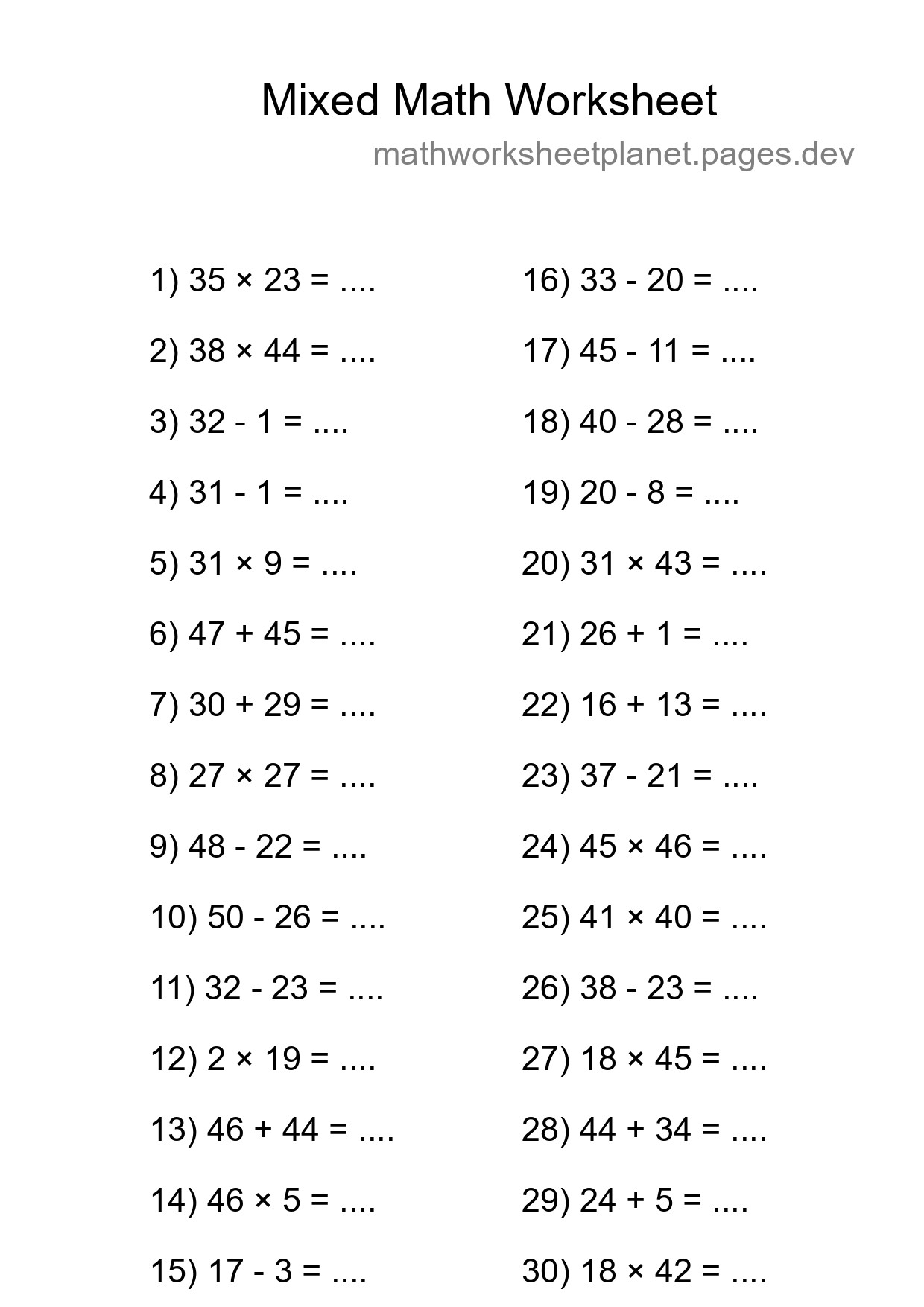 Mixed Operations Math Worksheet