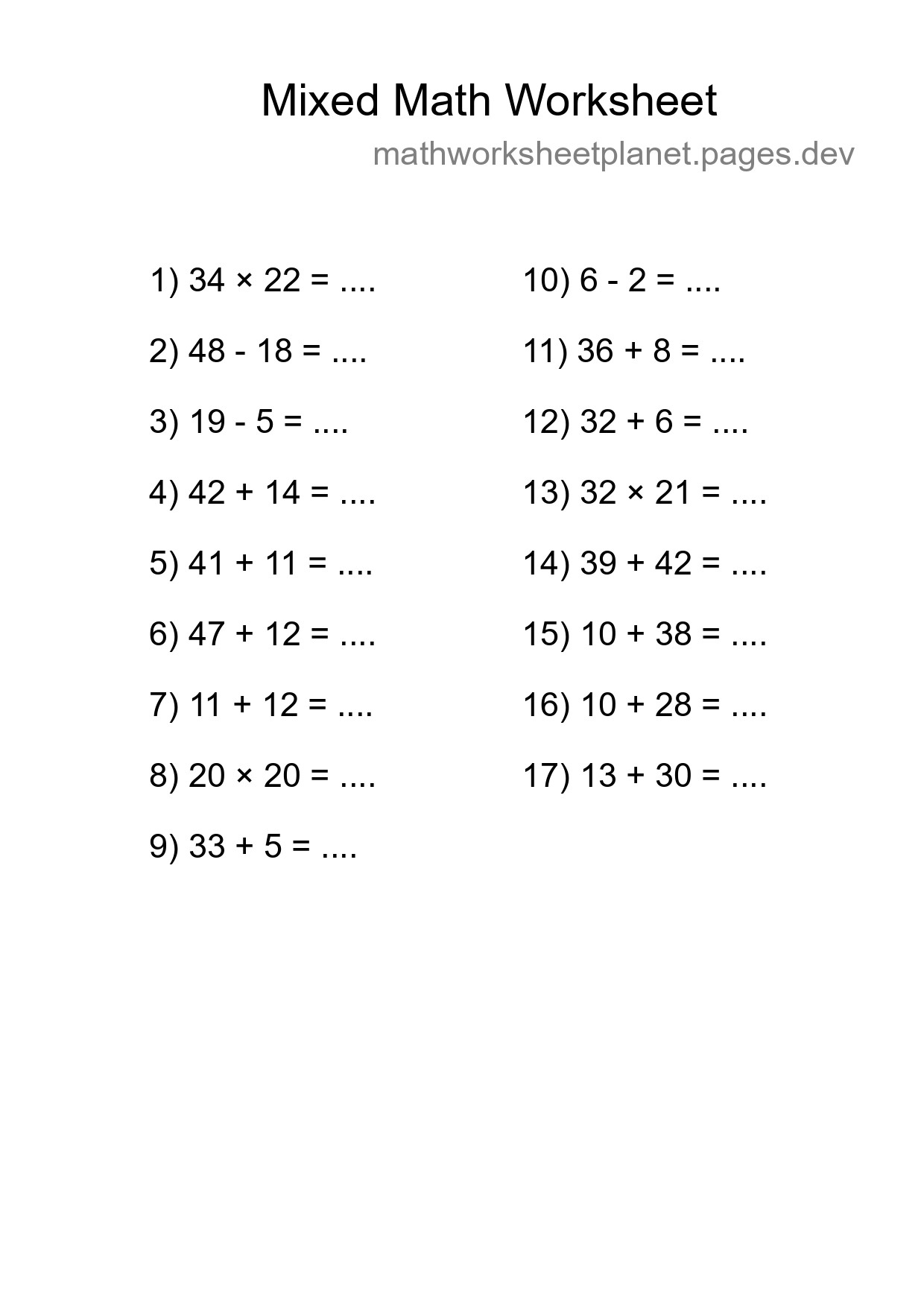 Mixed Operations Math Worksheet