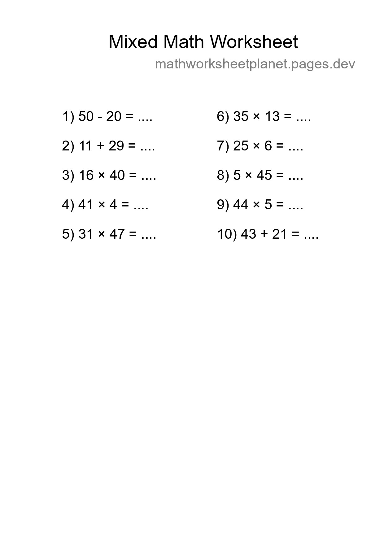 Mixed Operations Math Worksheet