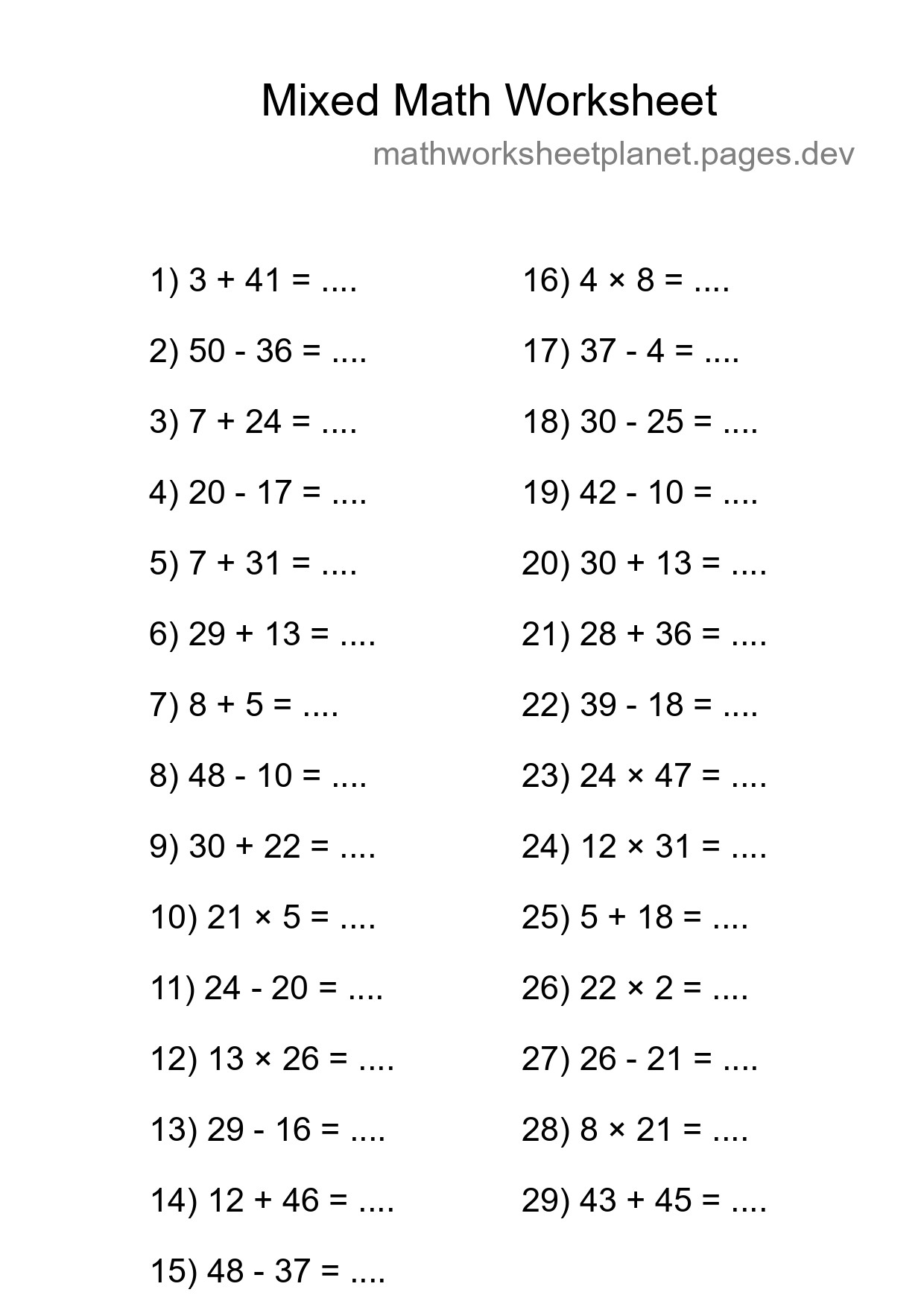 Mixed Operations Math Worksheet