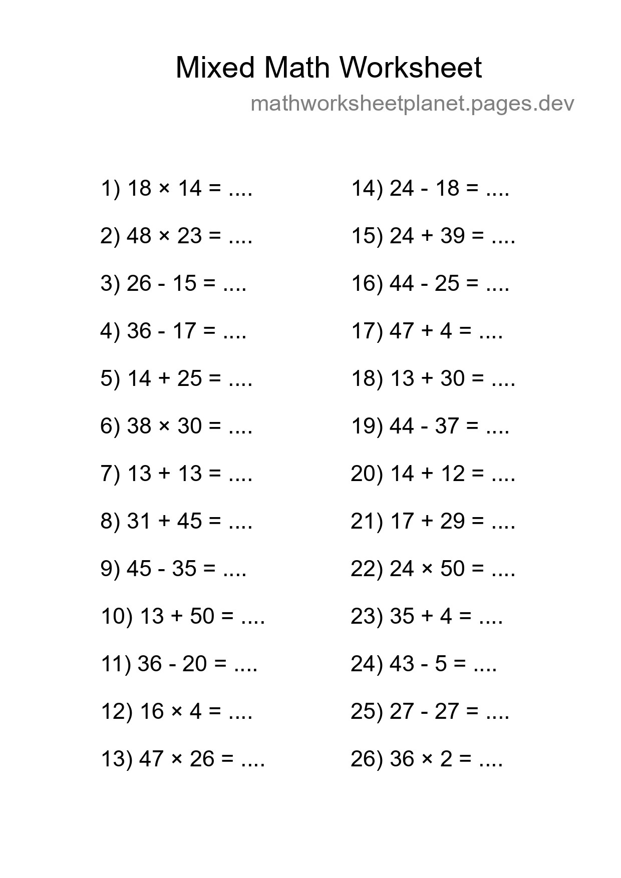Mixed Operations Math Worksheet