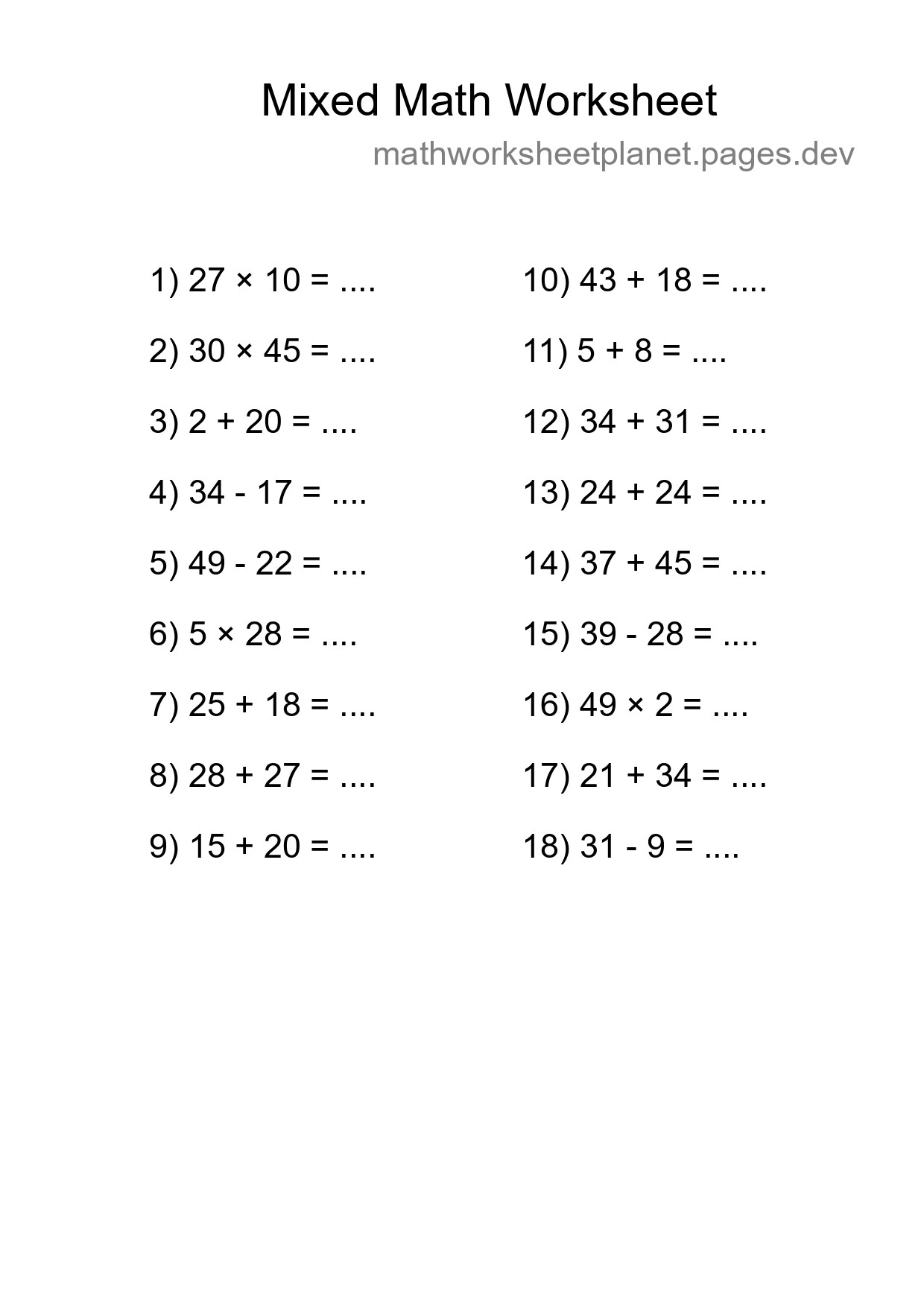 Mixed Operations Math Worksheet