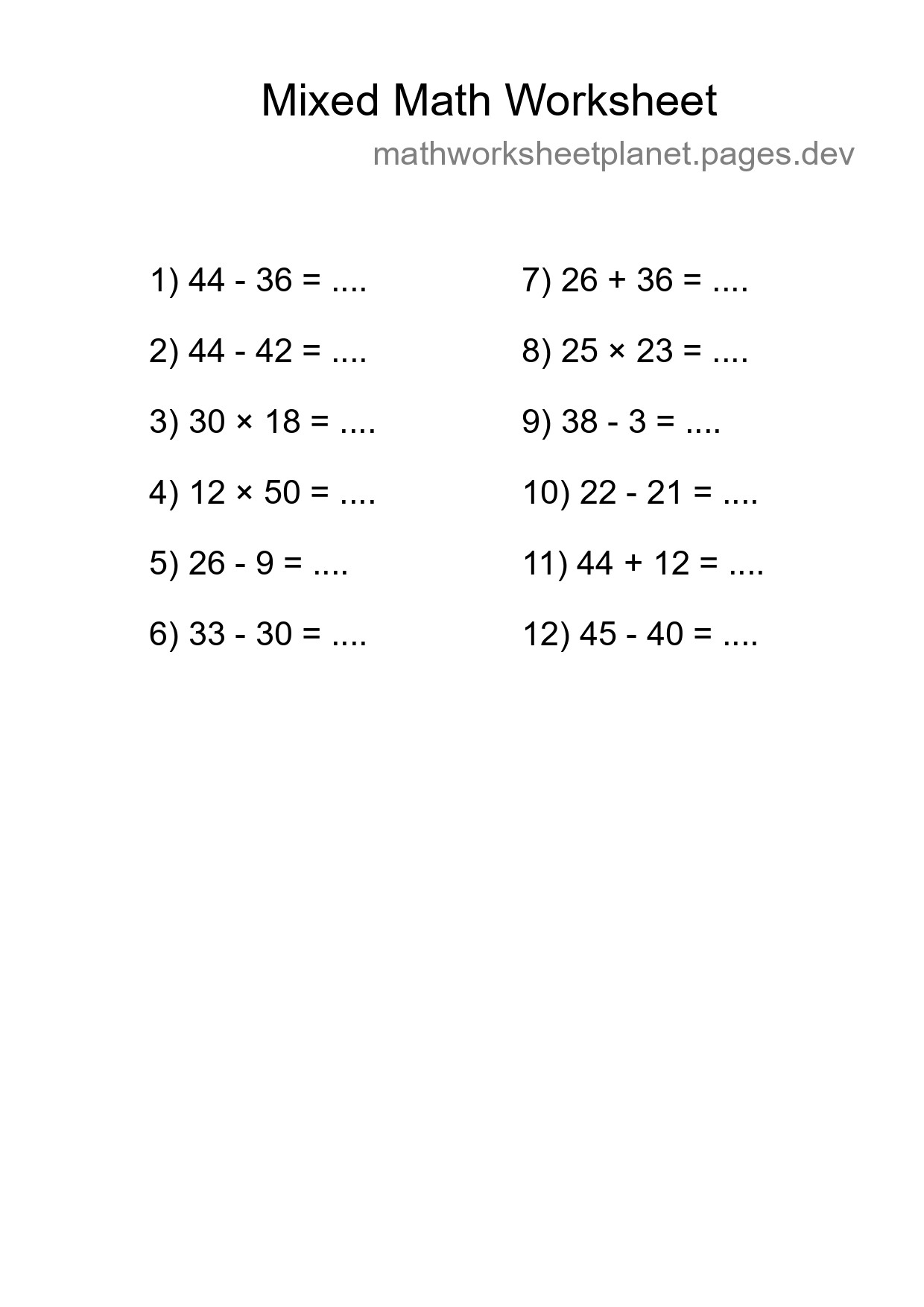 Mixed Operations Math Worksheet