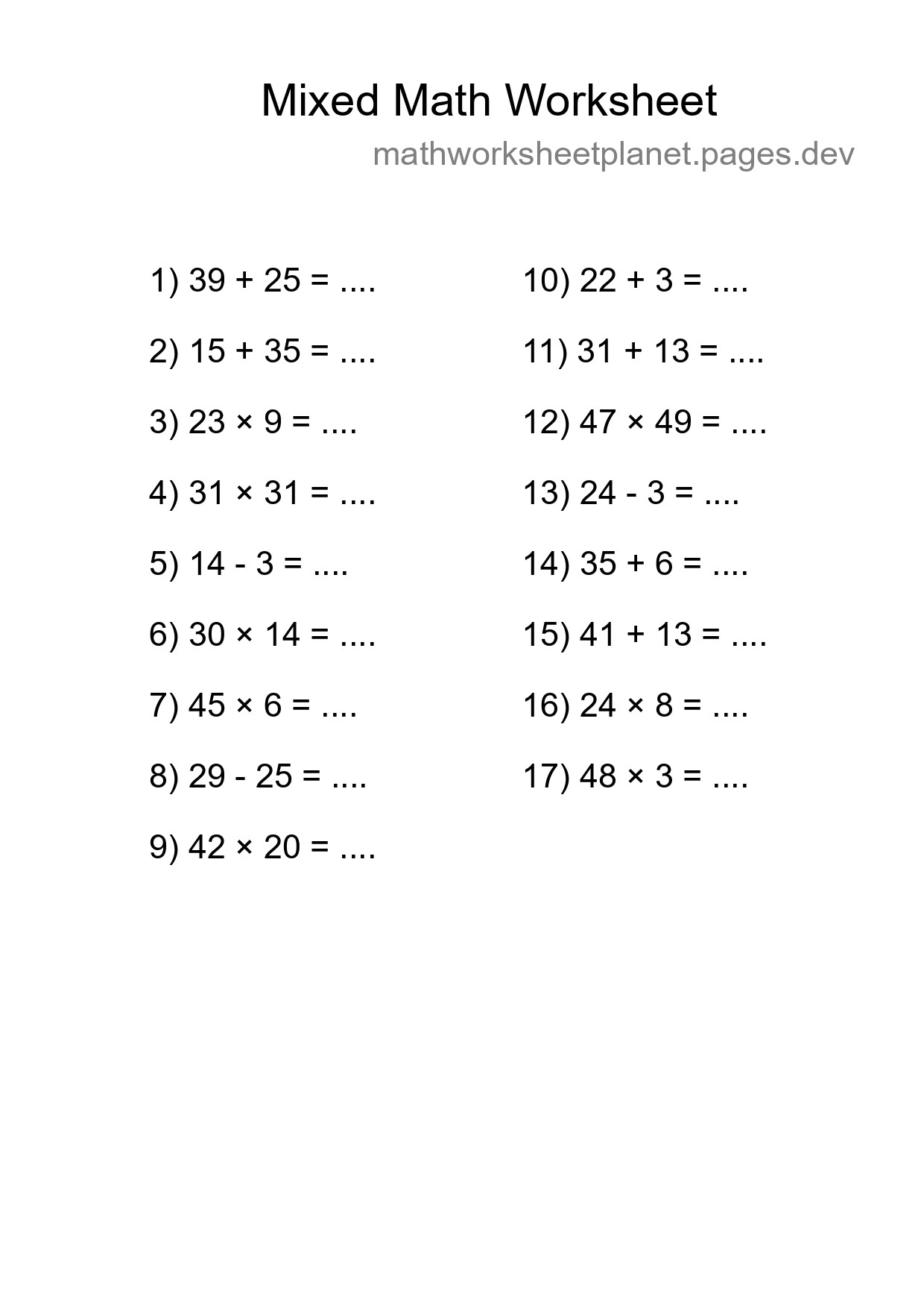 Mixed Operations Math Worksheet