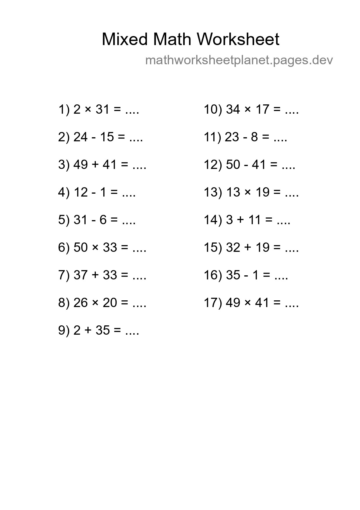 Mixed Operations Math Worksheet