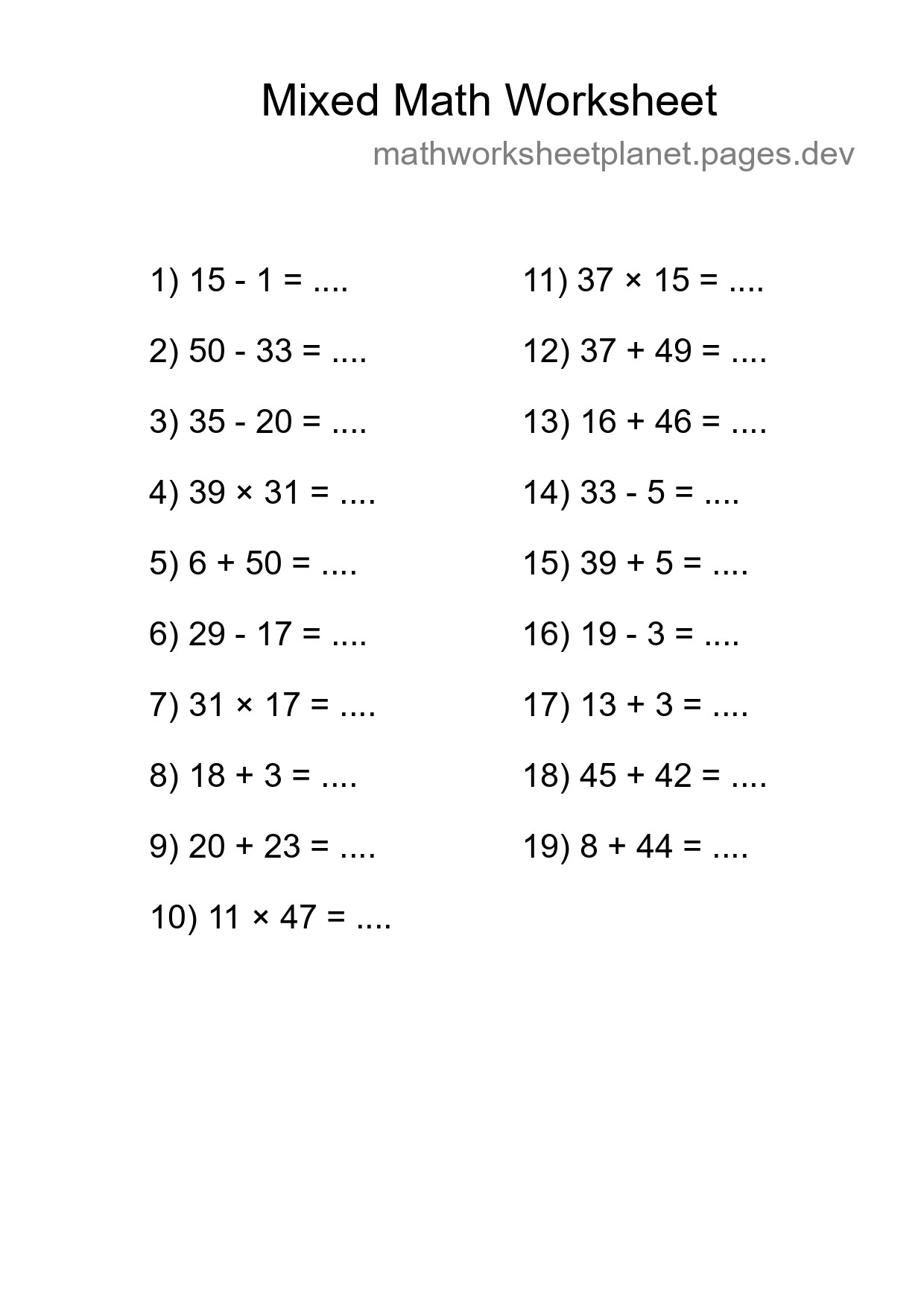 Mixed Operations Math Worksheet
