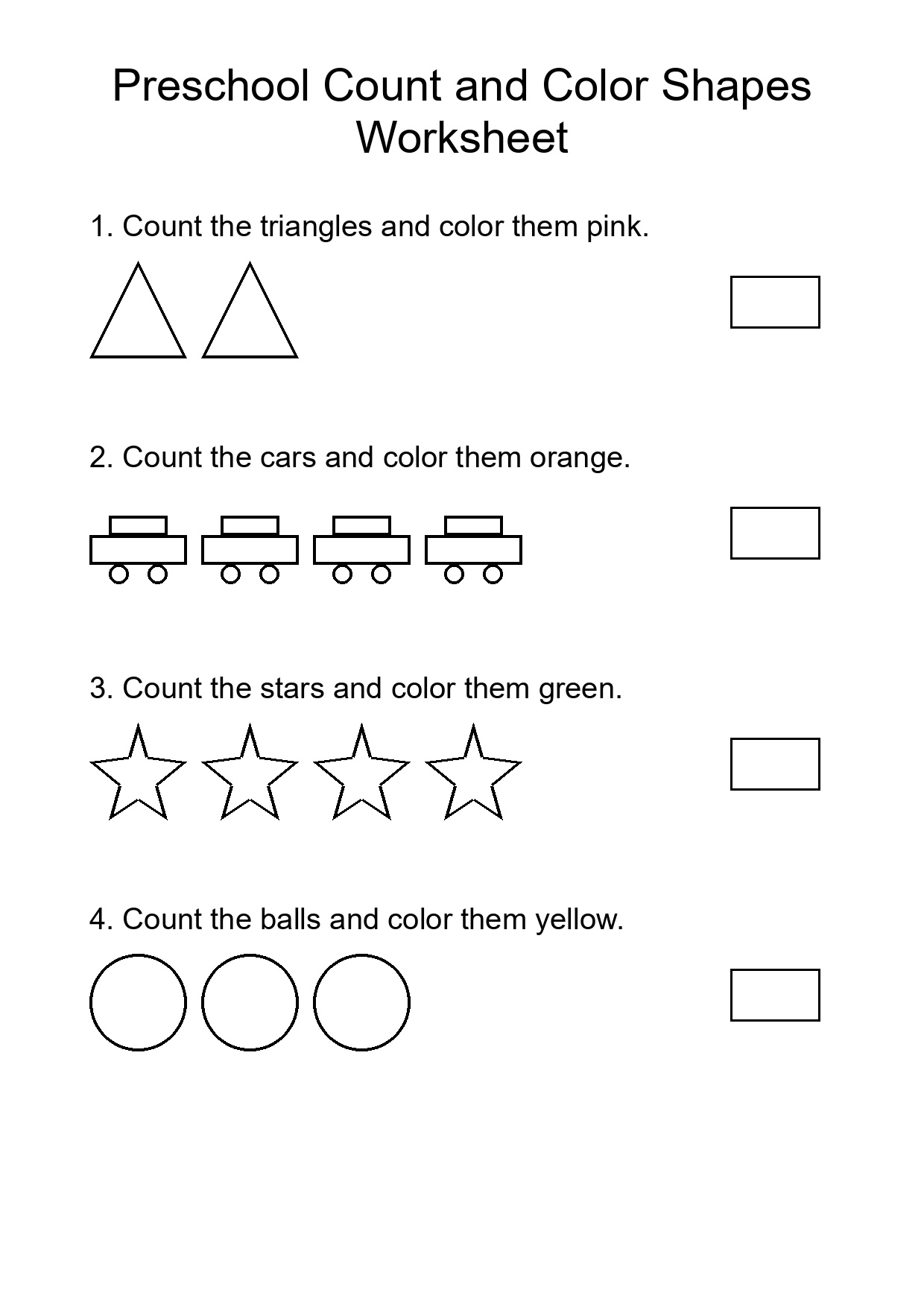 Preschool Count and Color Shapes Worksheet