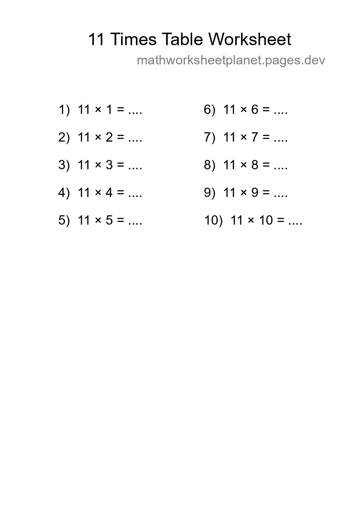 Printable 11 Times Table Worksheet For Grade 4 - Part 239