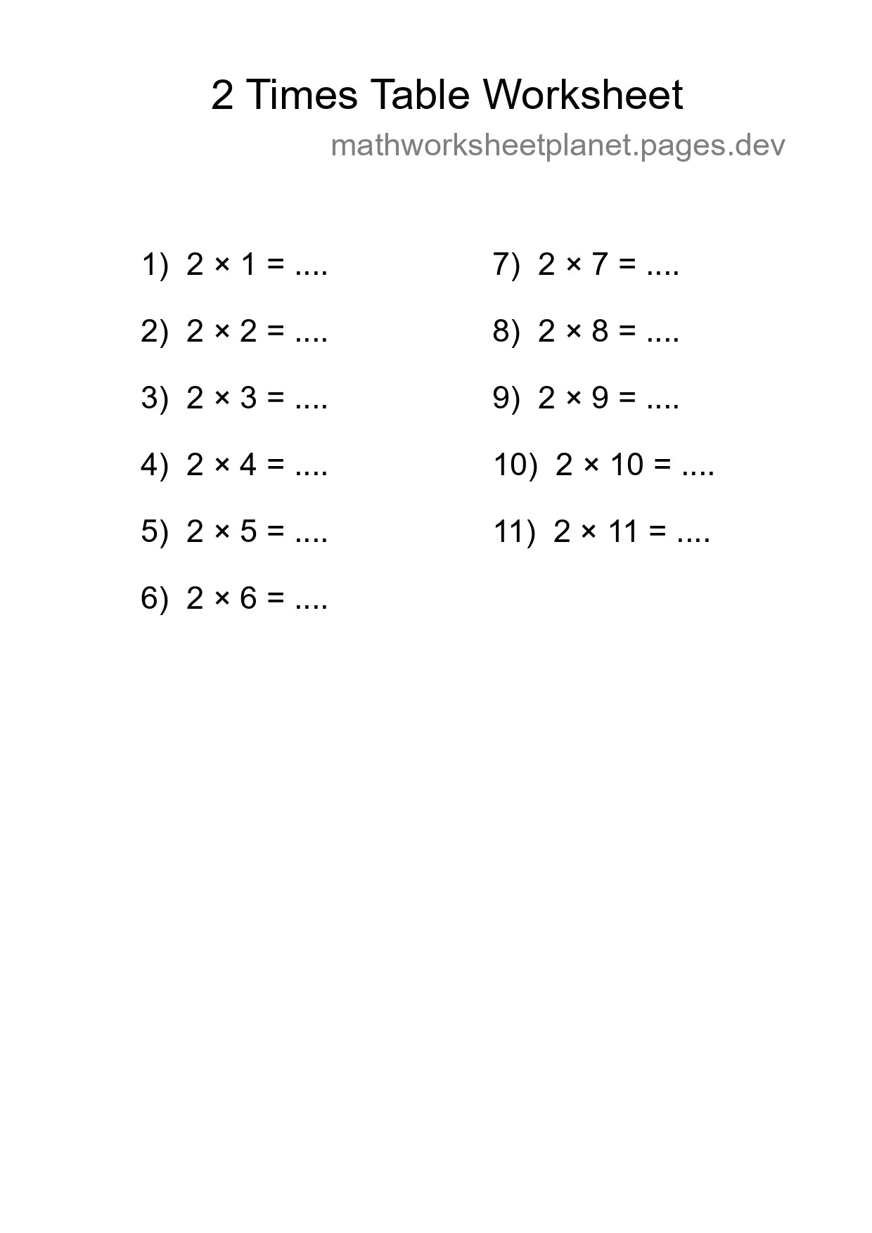 Printable 2 Times Table Worksheet For Grade 2 - Part 229
