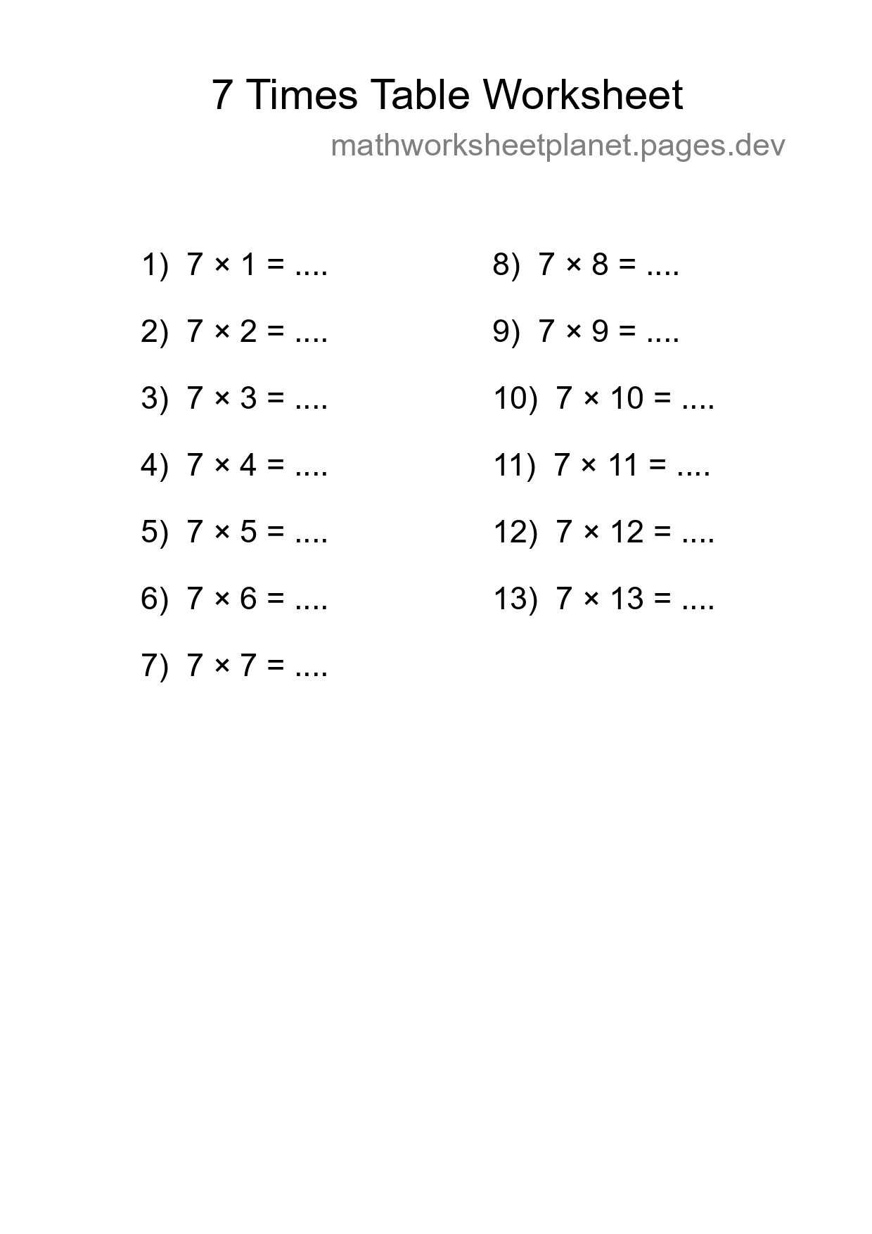Printable 7 Times Table Worksheet For Grade 3 - Part 249