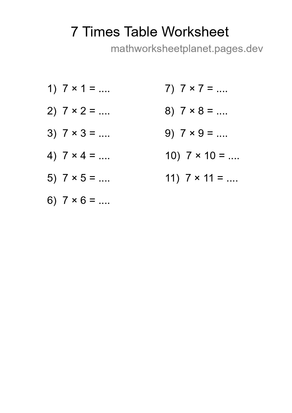 Printable 7 Times Table Worksheet For Grade 3 - Part 289