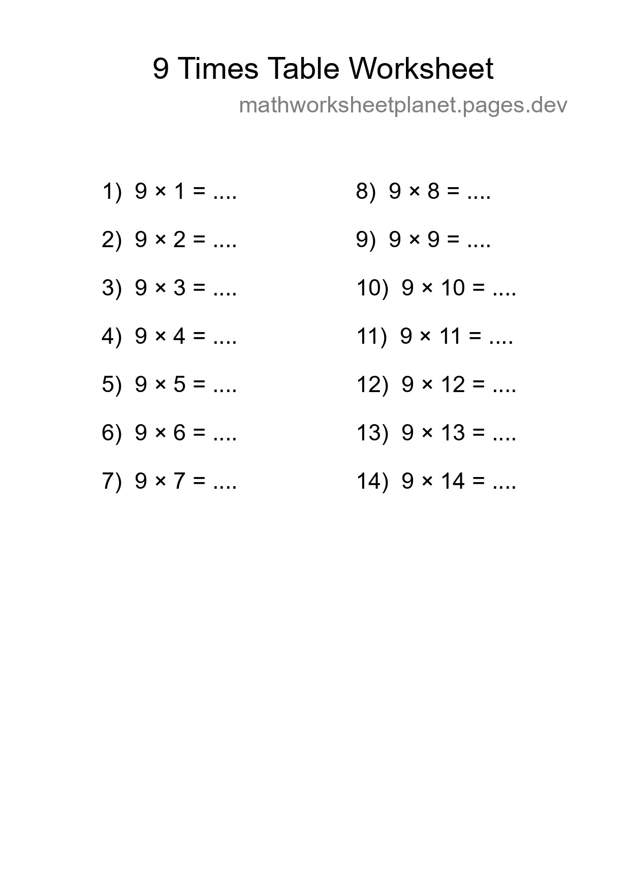 Printable 9 Times Table Worksheet For Grade 3 - Part 179