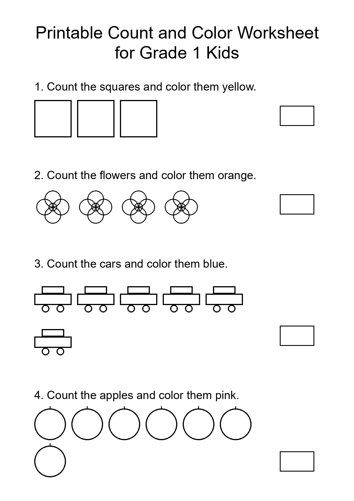 Printable Count and Color Worksheet for Grade 1 Kids