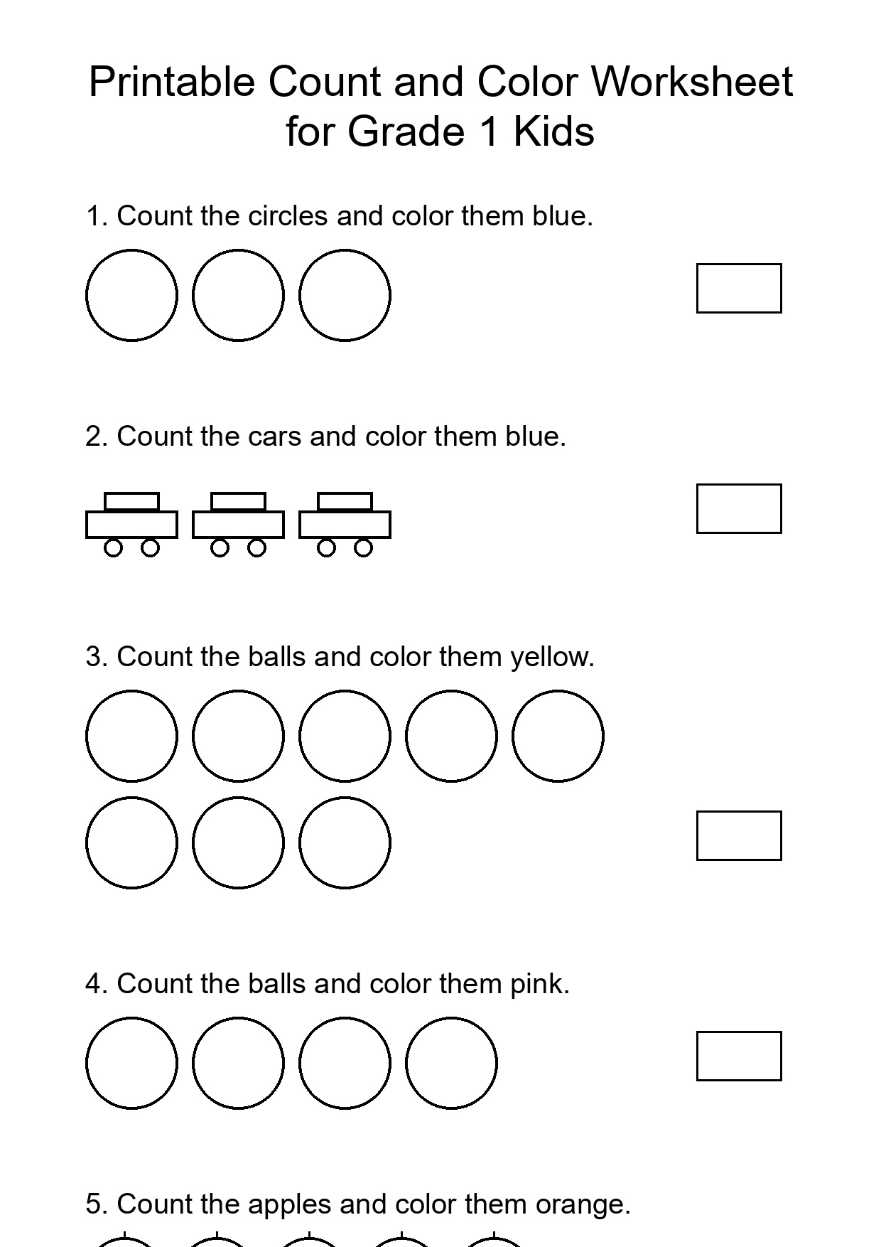 Printable Count and Color Worksheet for Grade 1 Kids