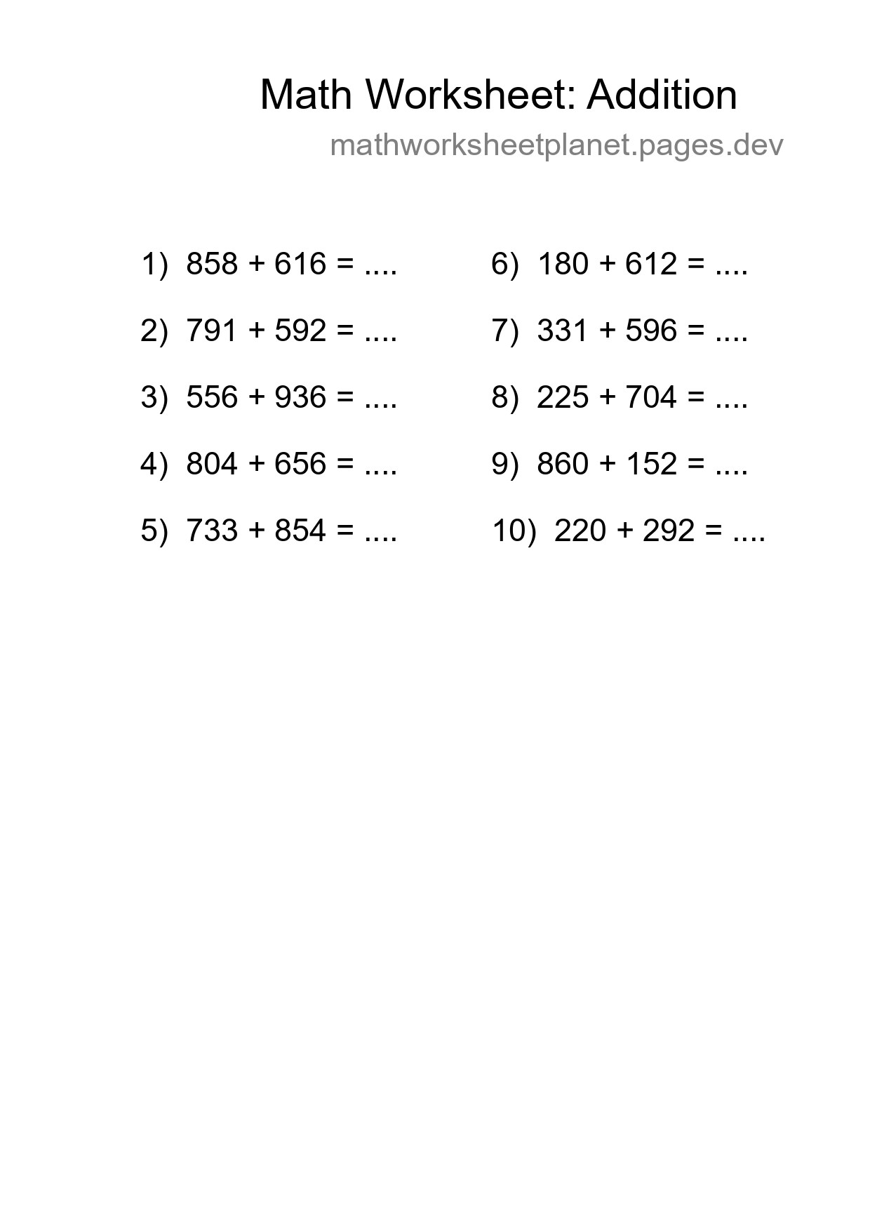 Printable Free 10 Addition Math Worksheet For Grade 5 - Part 281