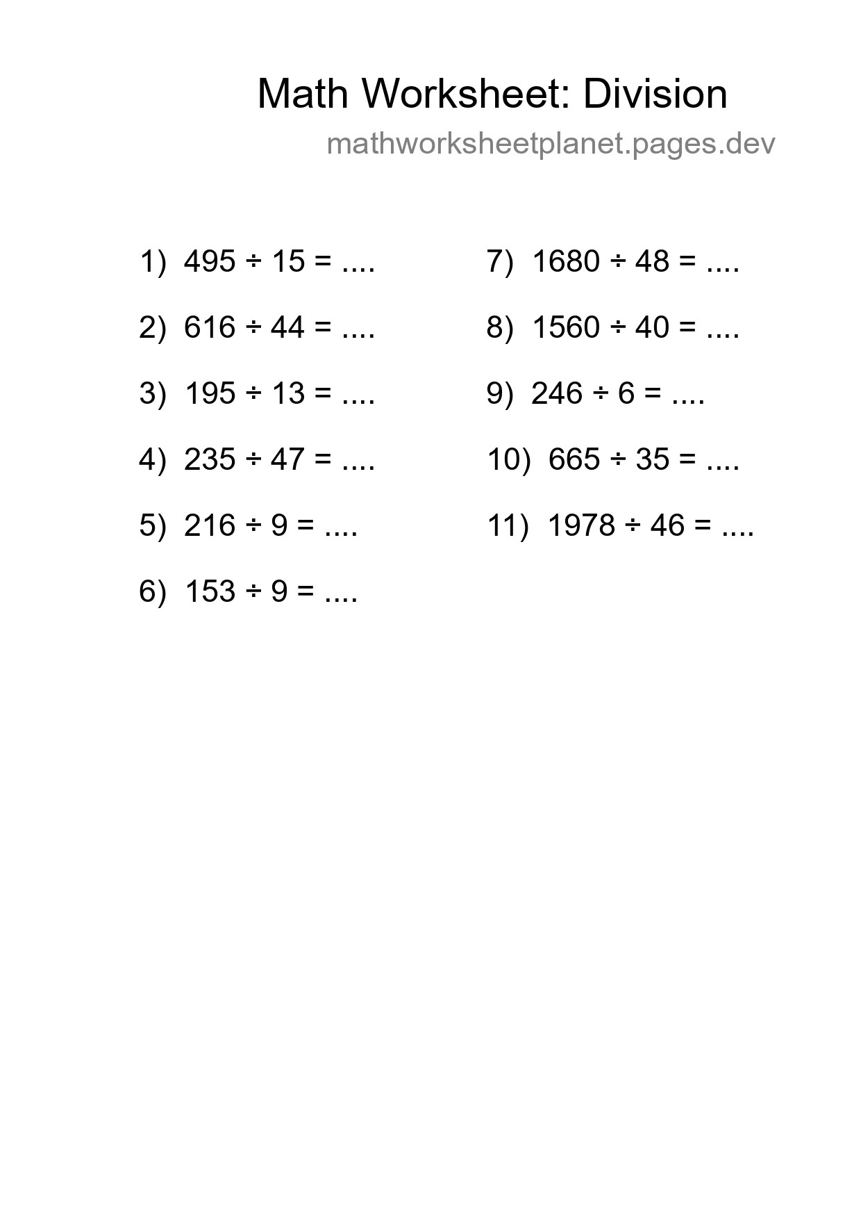 Printable Free 11 Division Math Worksheet For Grade 2 - Part 144