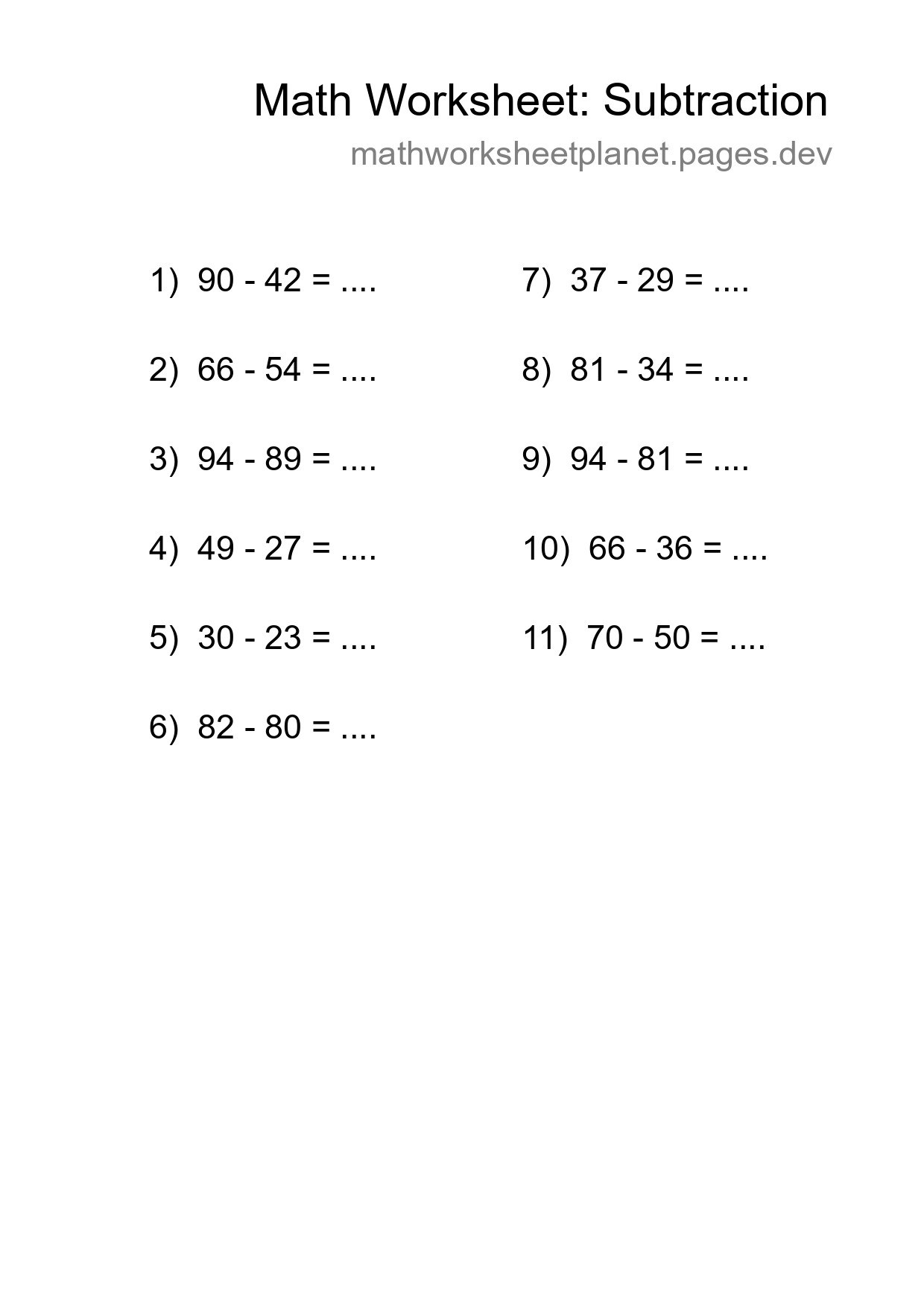 Printable Free 11 Subtraction Math Worksheet For Grade 3 - Part 78