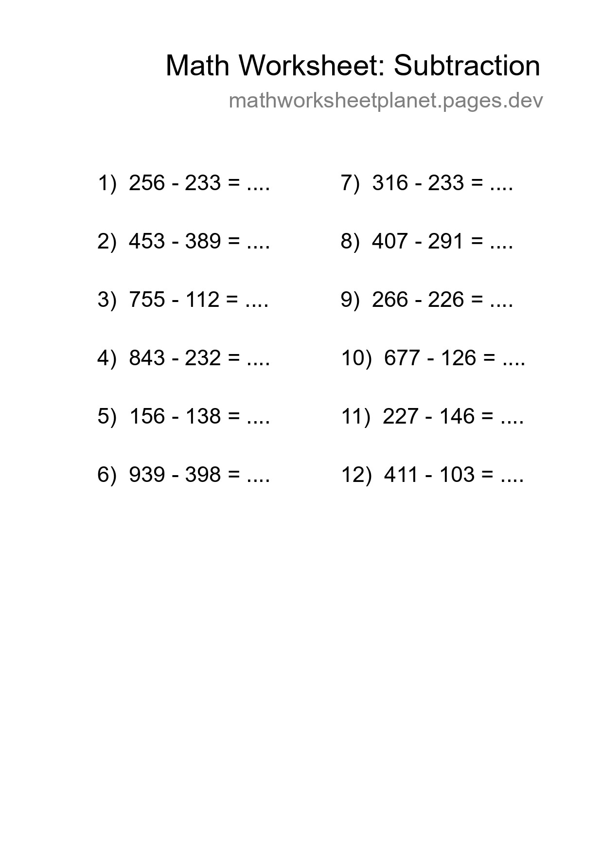 Printable Free 12 Subtraction Math Worksheet For Grade 5 - Part 288