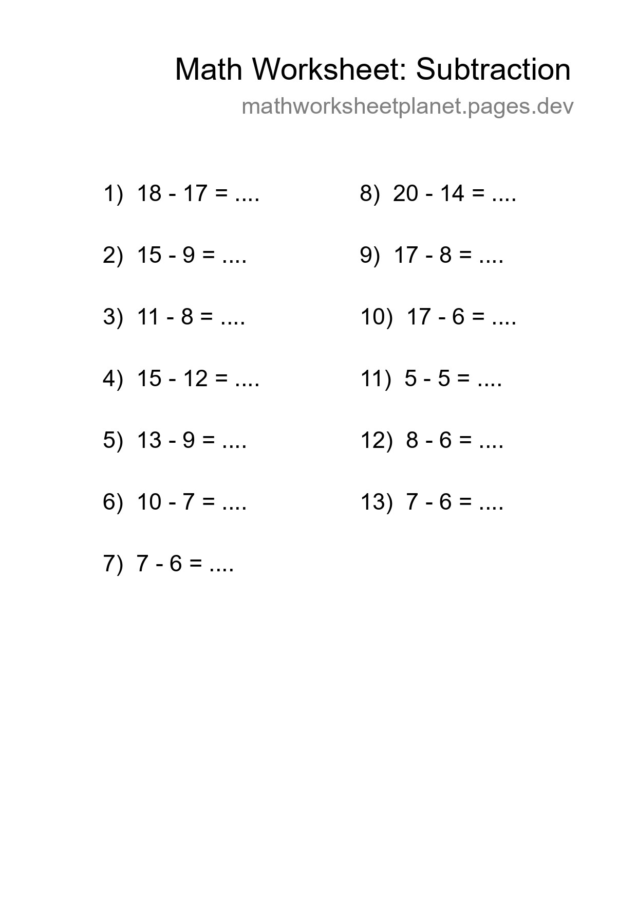 Printable Free 13 Subtraction Math Worksheet For Grade 2 - Part 168
