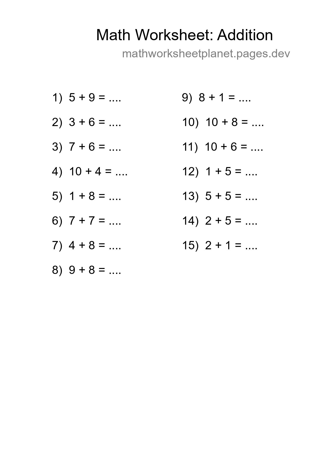 Printable Free 15 Addition Math Worksheet For Grade 1 - Part 131