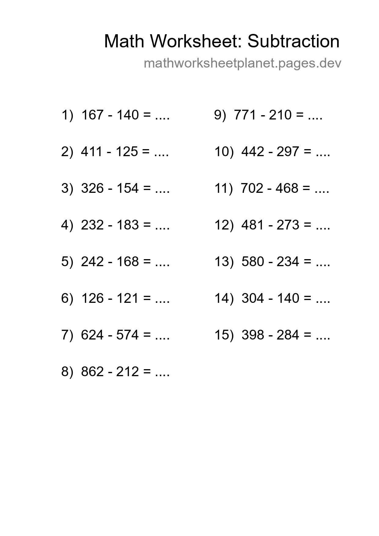 Printable Free 15 Subtraction Math Worksheet For Grade 5 - Part 128
