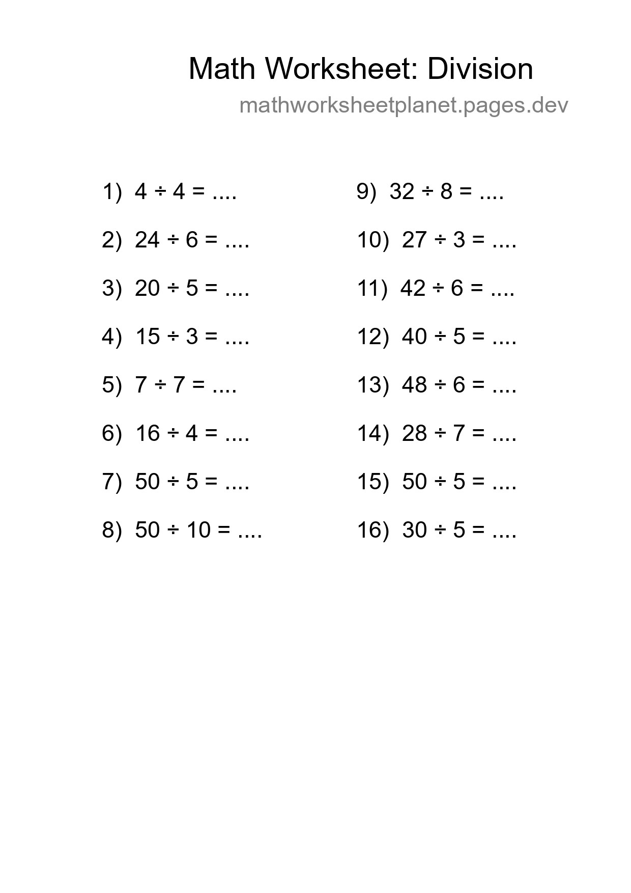 Printable Free 16 Division Math Worksheet For Grade 1 - Part 84