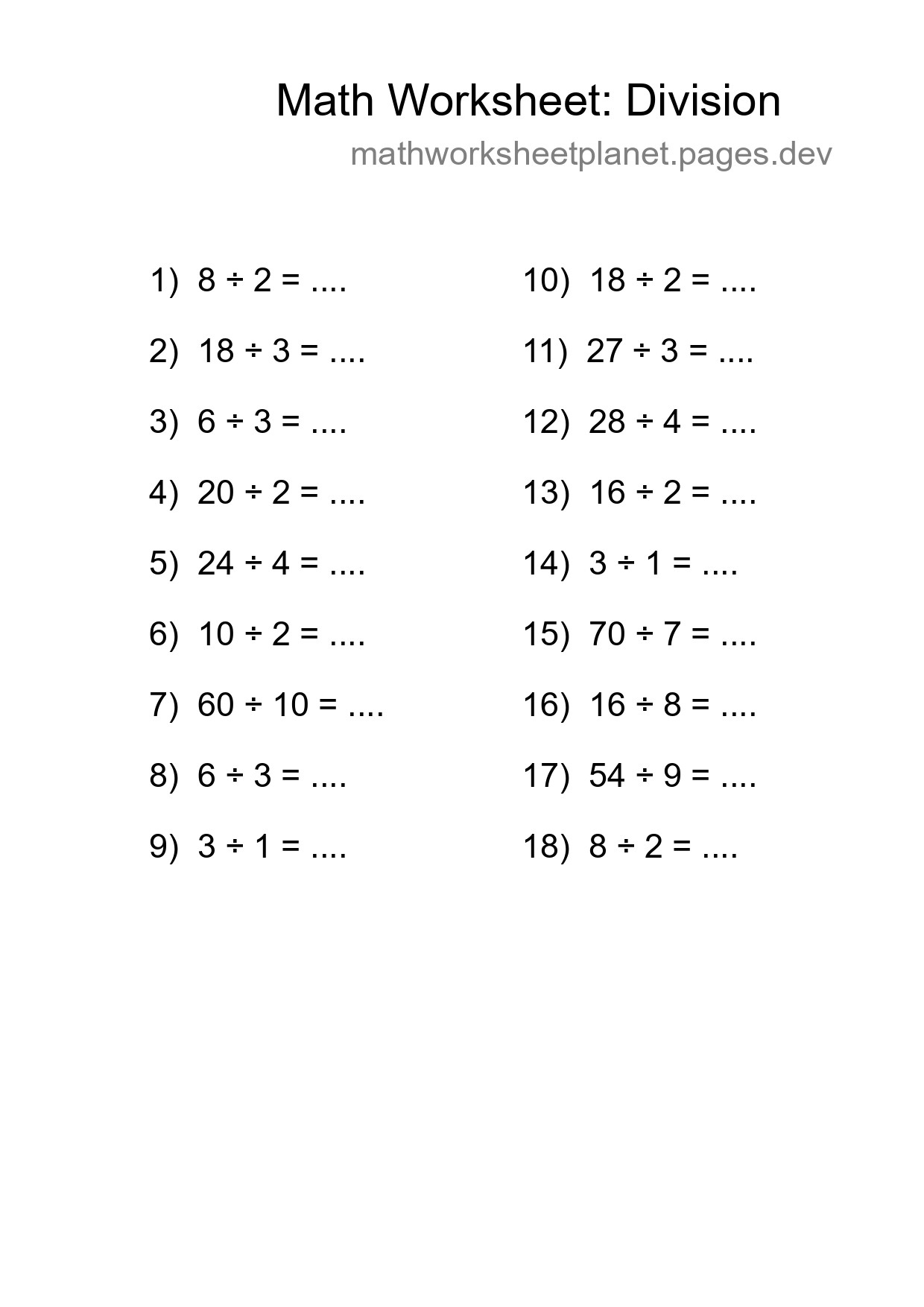 Printable Free 18 Division Math Worksheet For Grade 1 - Part 204
