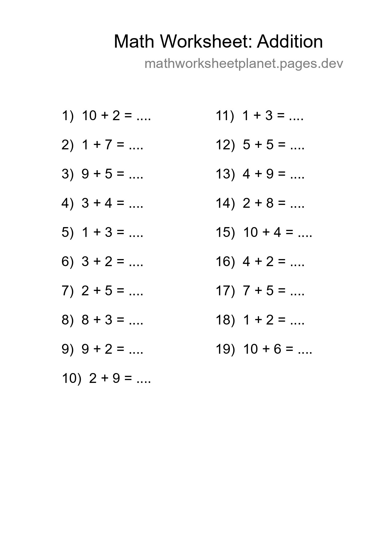 Printable Free 19 Addition Math Worksheet For Grade 1 - Part 241