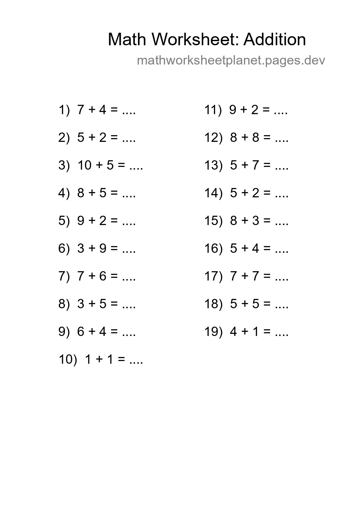 Printable Free 19 Addition Math Worksheet For Grade 1 - Part 271