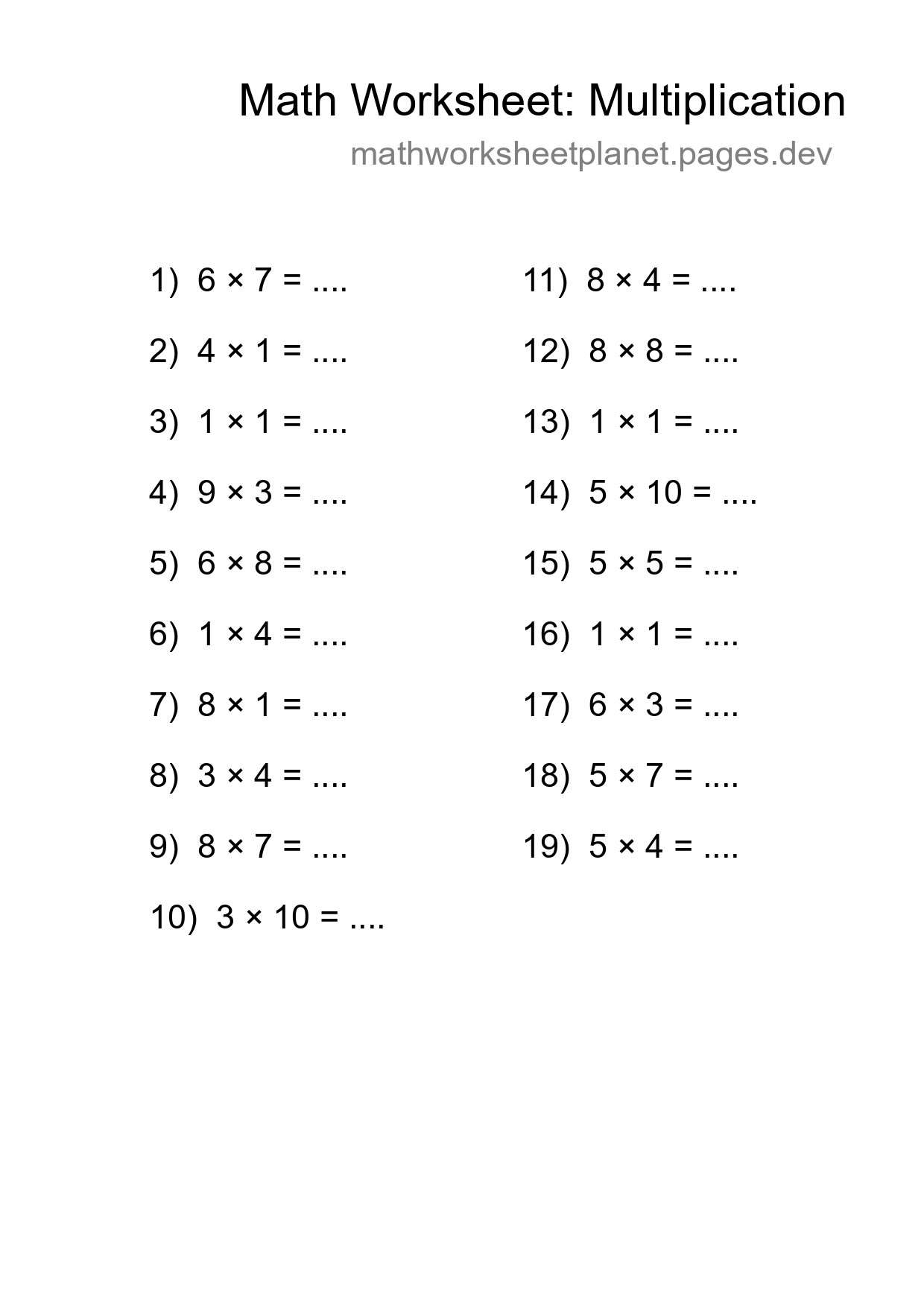 Printable Free 19 Multiplication Math Worksheet For Grade 1 - Part 107