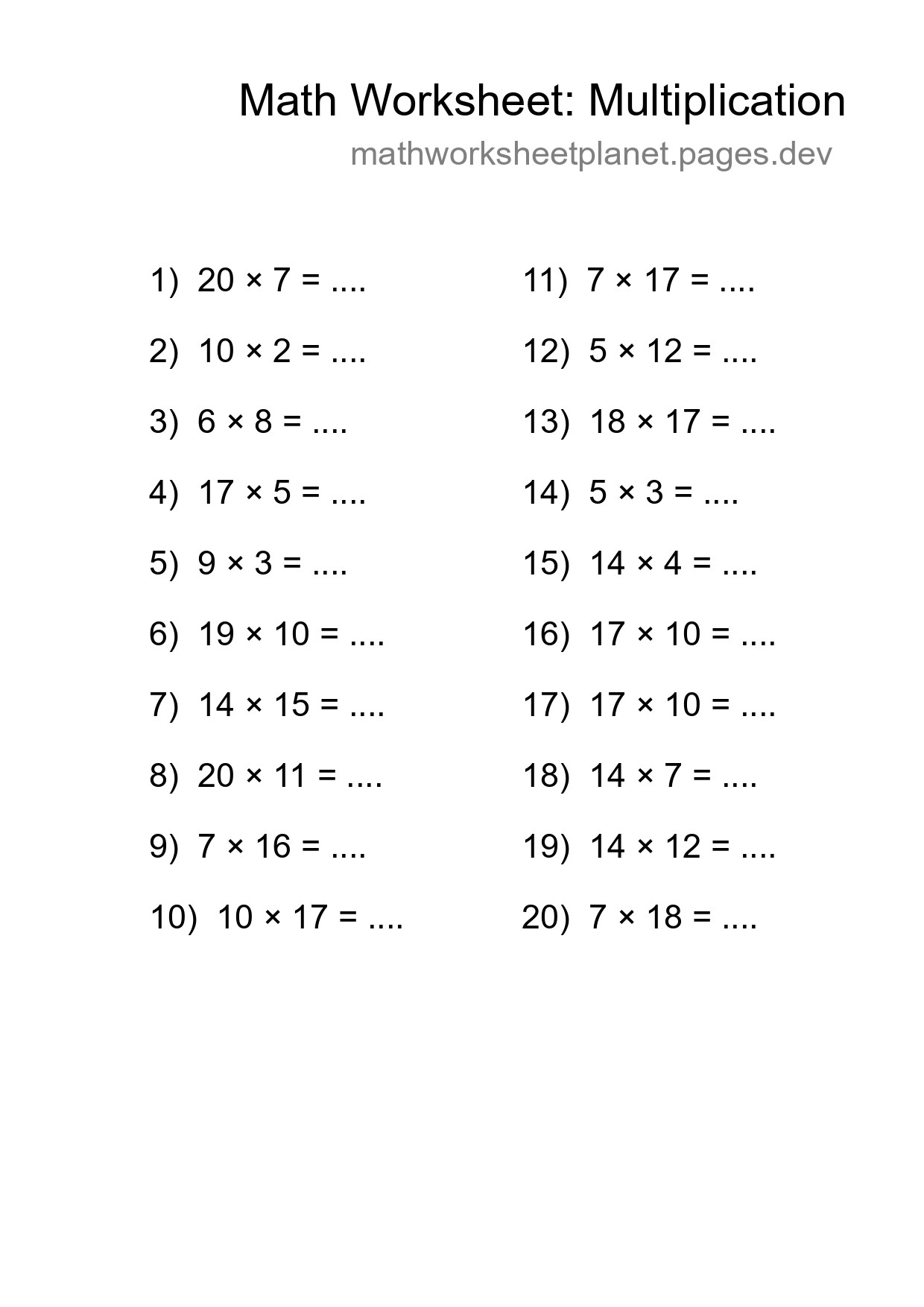 Printable Free 20 Multiplication Math Worksheet For Grade 2 - Part 167