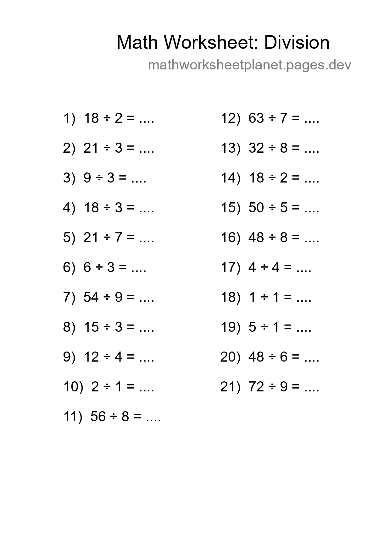Printable Free 21 Division Math Worksheet For Grade 1 - Part 14