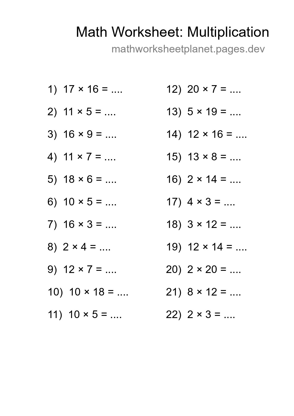 Printable Free 22 Multiplication Math Worksheet For Grade 2 - Part 37