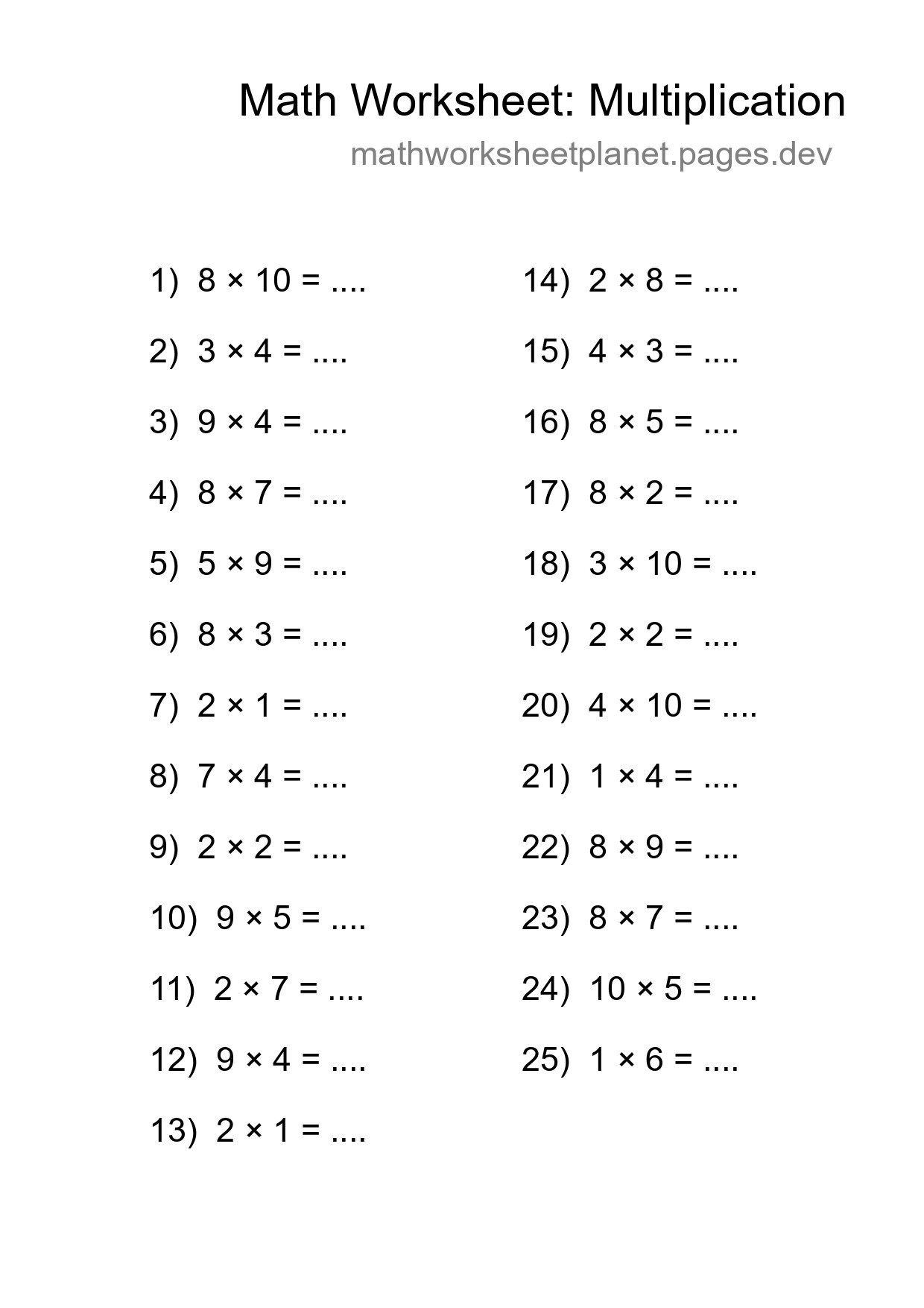 Printable Free 25 Multiplication Math Worksheet For Grade 1 - Part 227