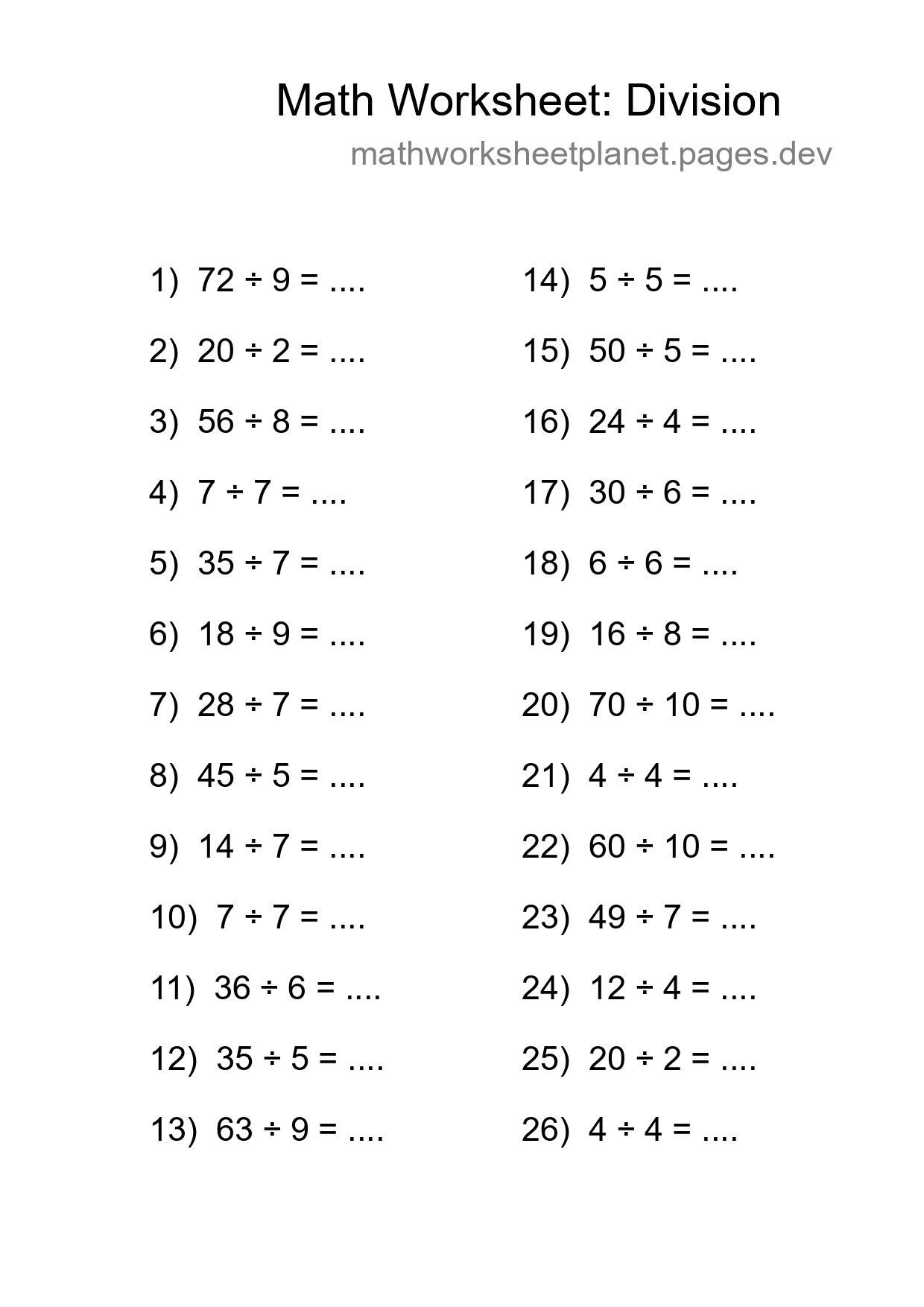 Printable Free 26 Division Math Worksheet For Grade 1 - Part 94